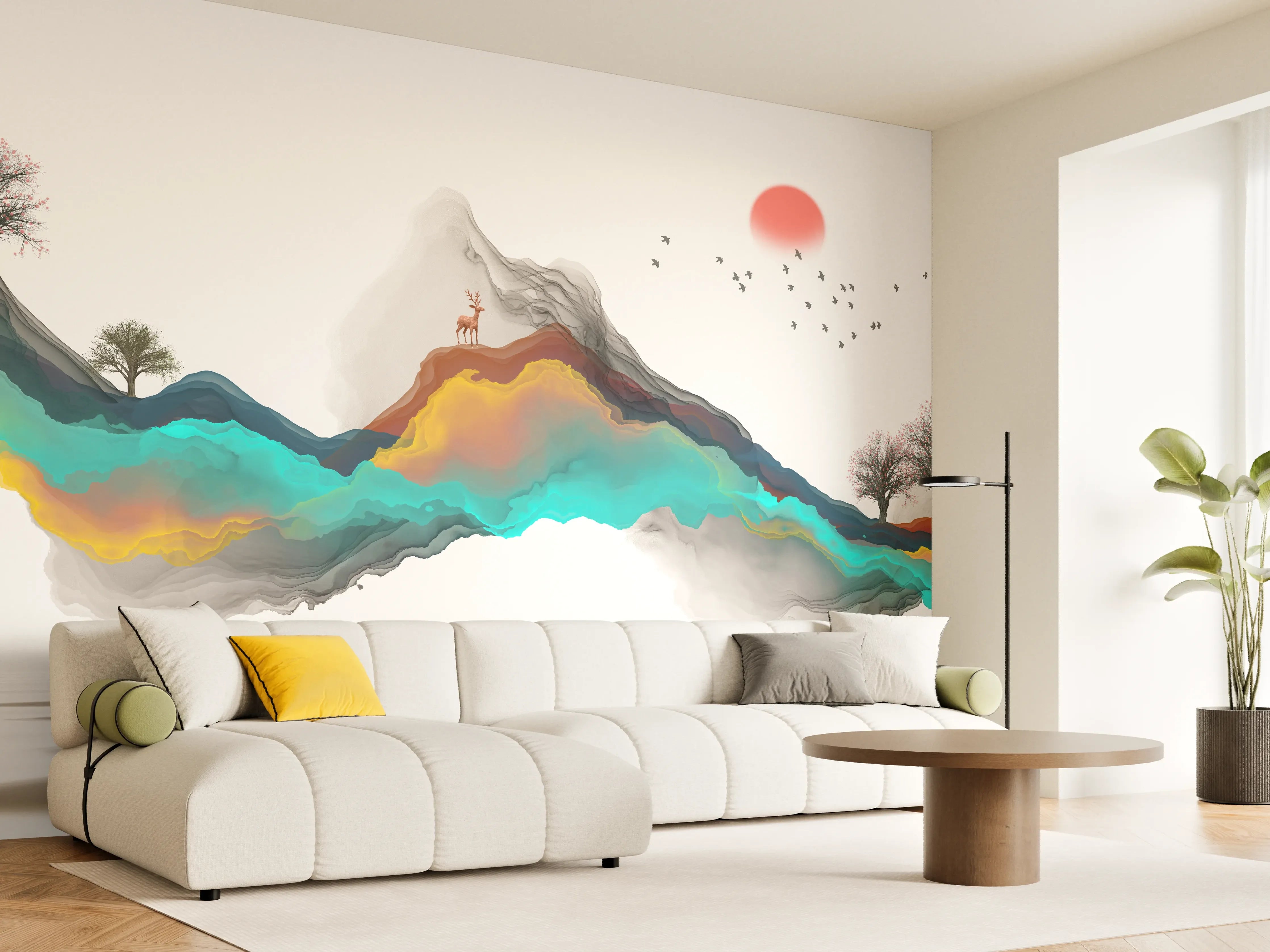Wandverkleidung Wohnzimmer - Tinte Linie Dekoration Landschaft