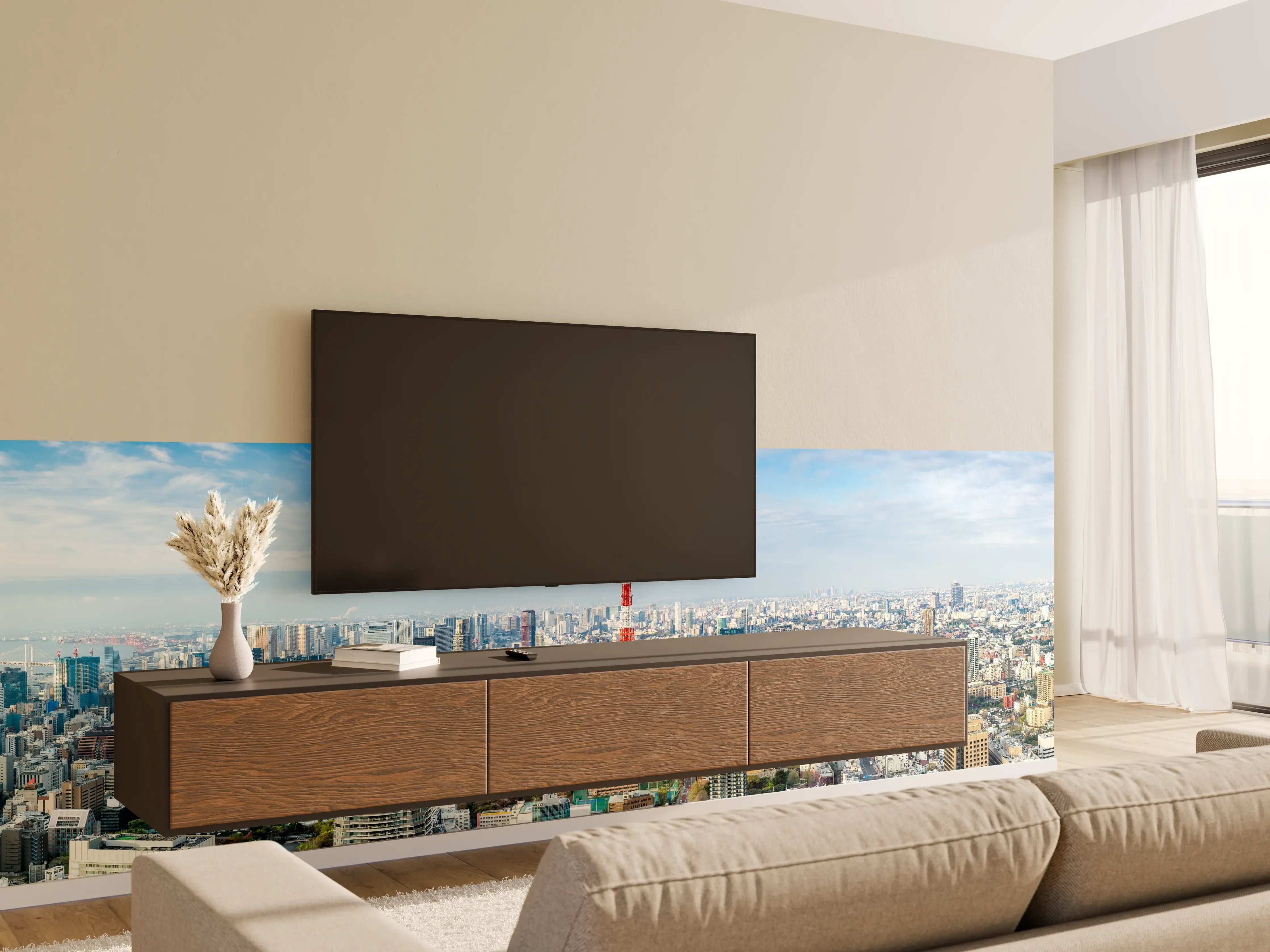 Wandverkleidung Wohnzimmer - Tokio Skyline Rot-Blau
