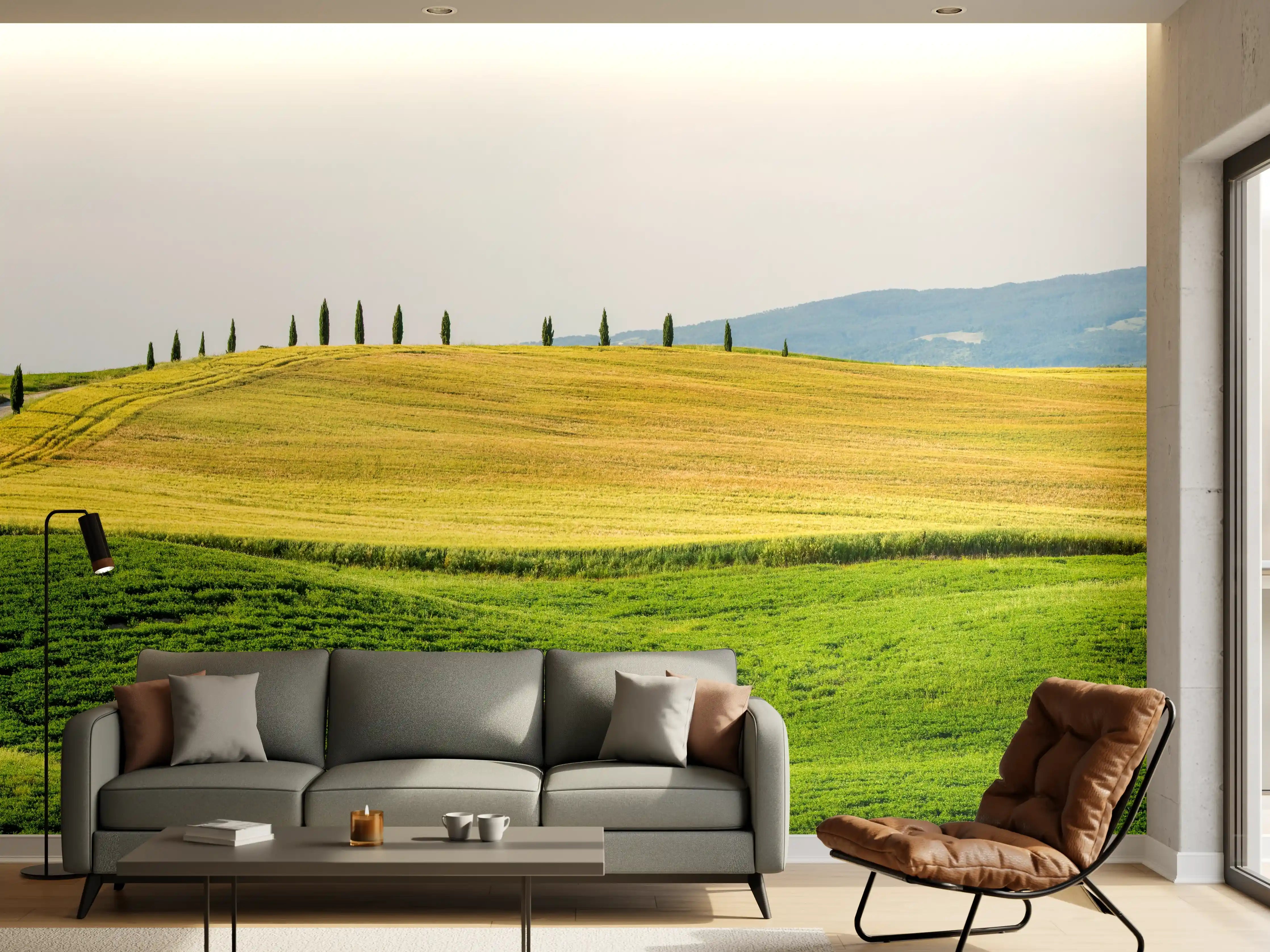 Wandverkleidung Wohnzimmer - Toskana Hügel Panorama Grün-Gelb