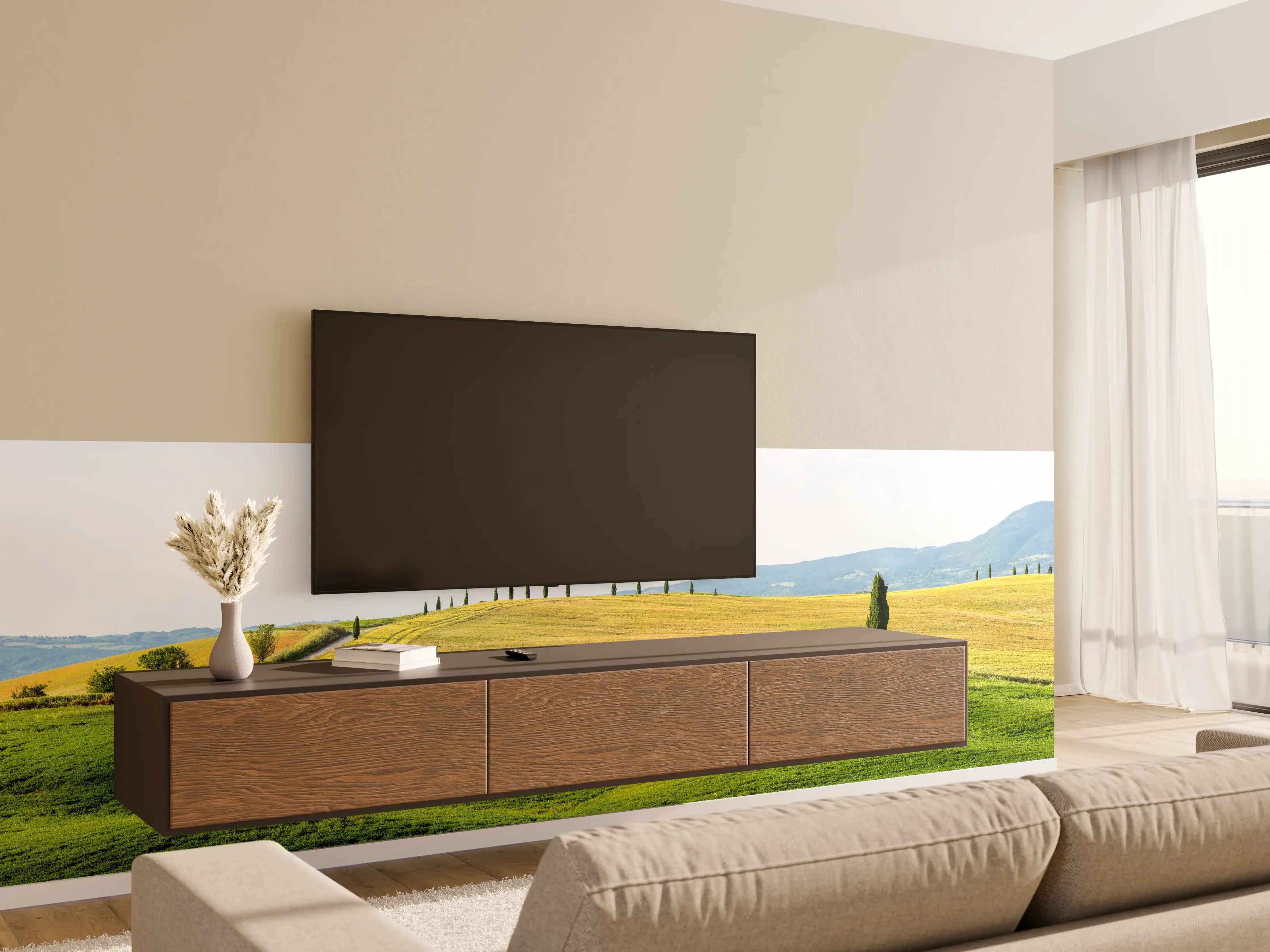 Wandverkleidung Wohnzimmer - Toskana Hügel Panorama Grün-Gelb