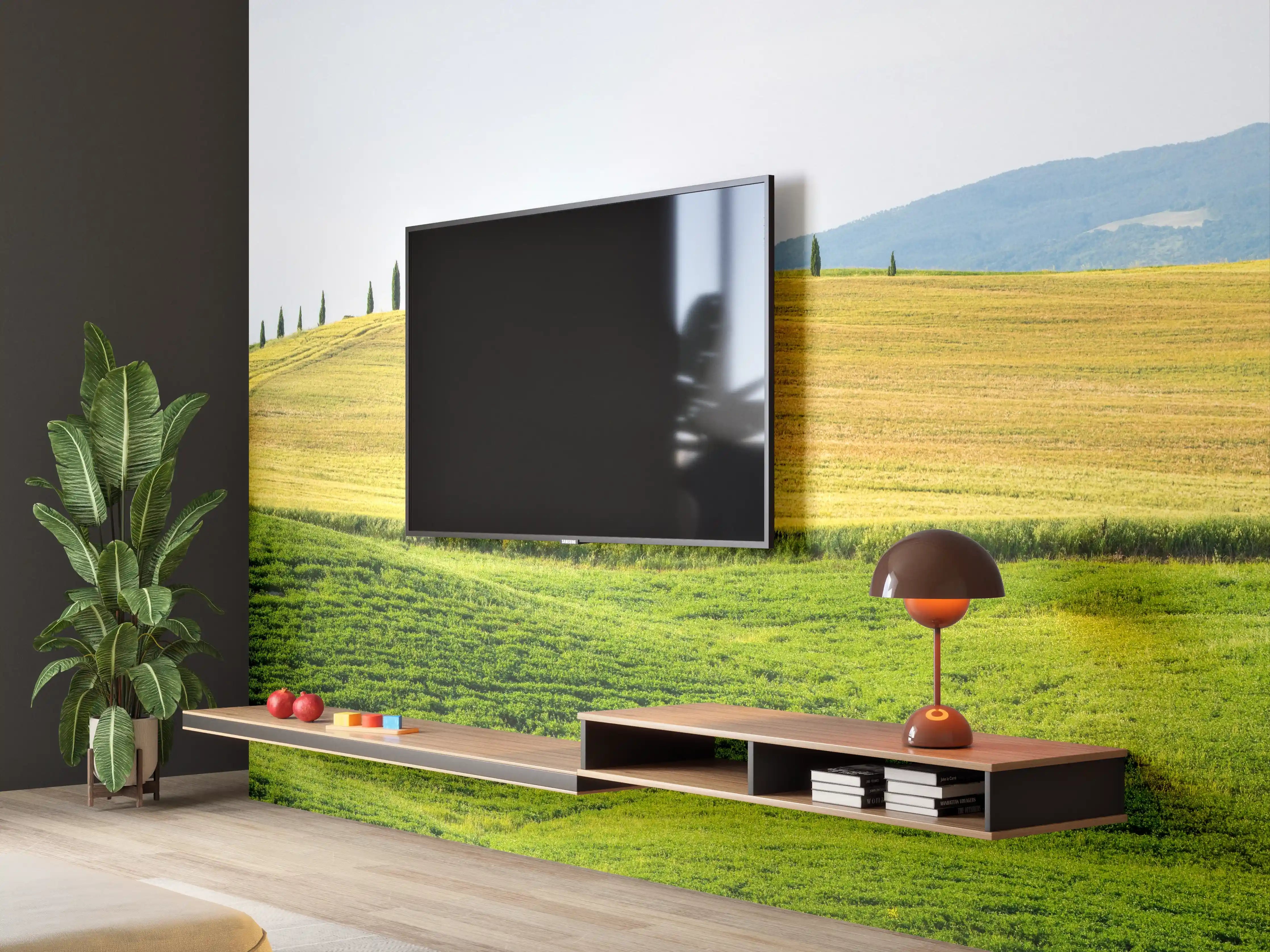 Wandverkleidung Wohnzimmer - Toskana Hügel Panorama Grün-Gelb