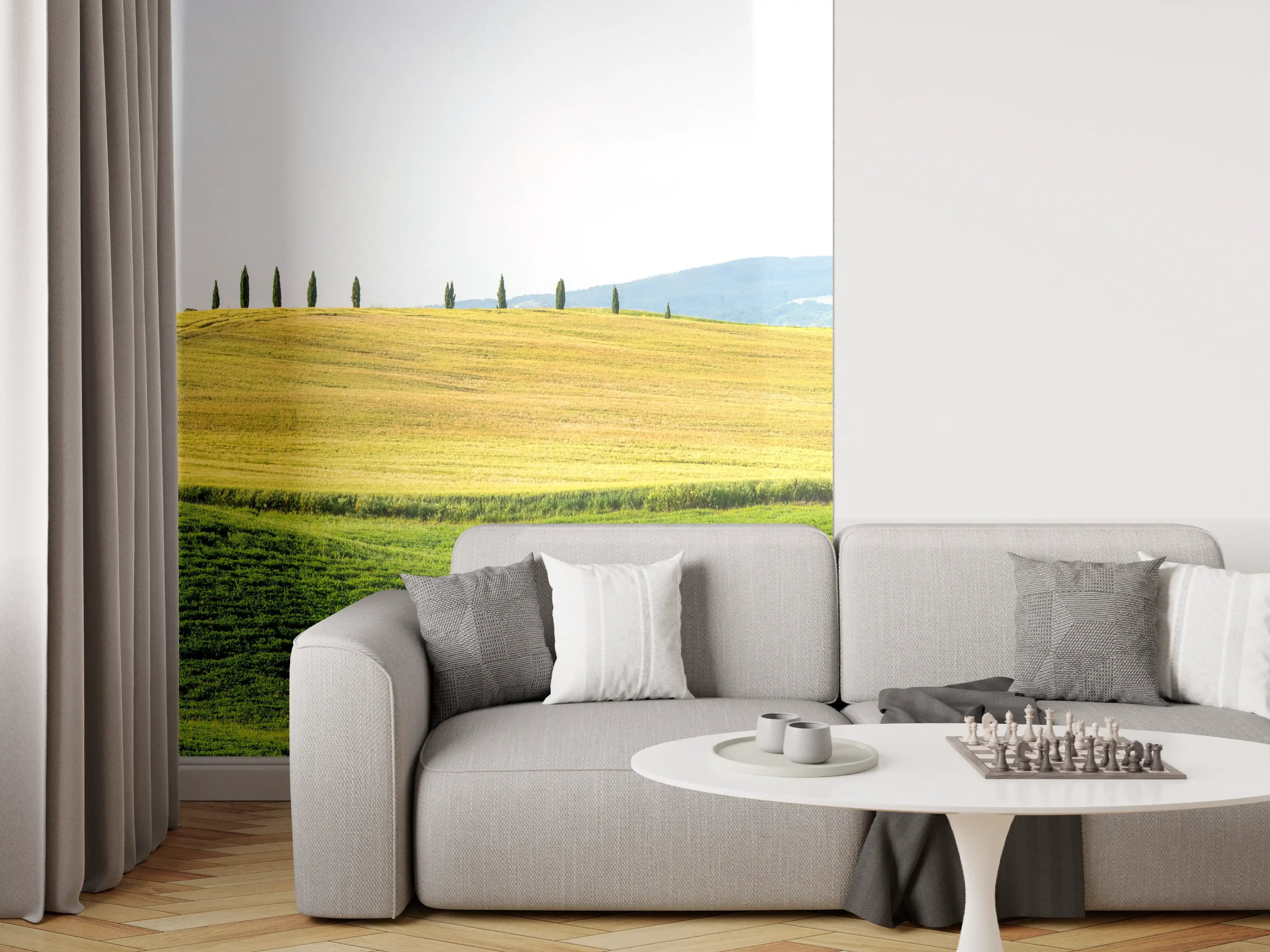 Wandverkleidung Wohnzimmer - Toskana Hügel Panorama Grün-Gelb