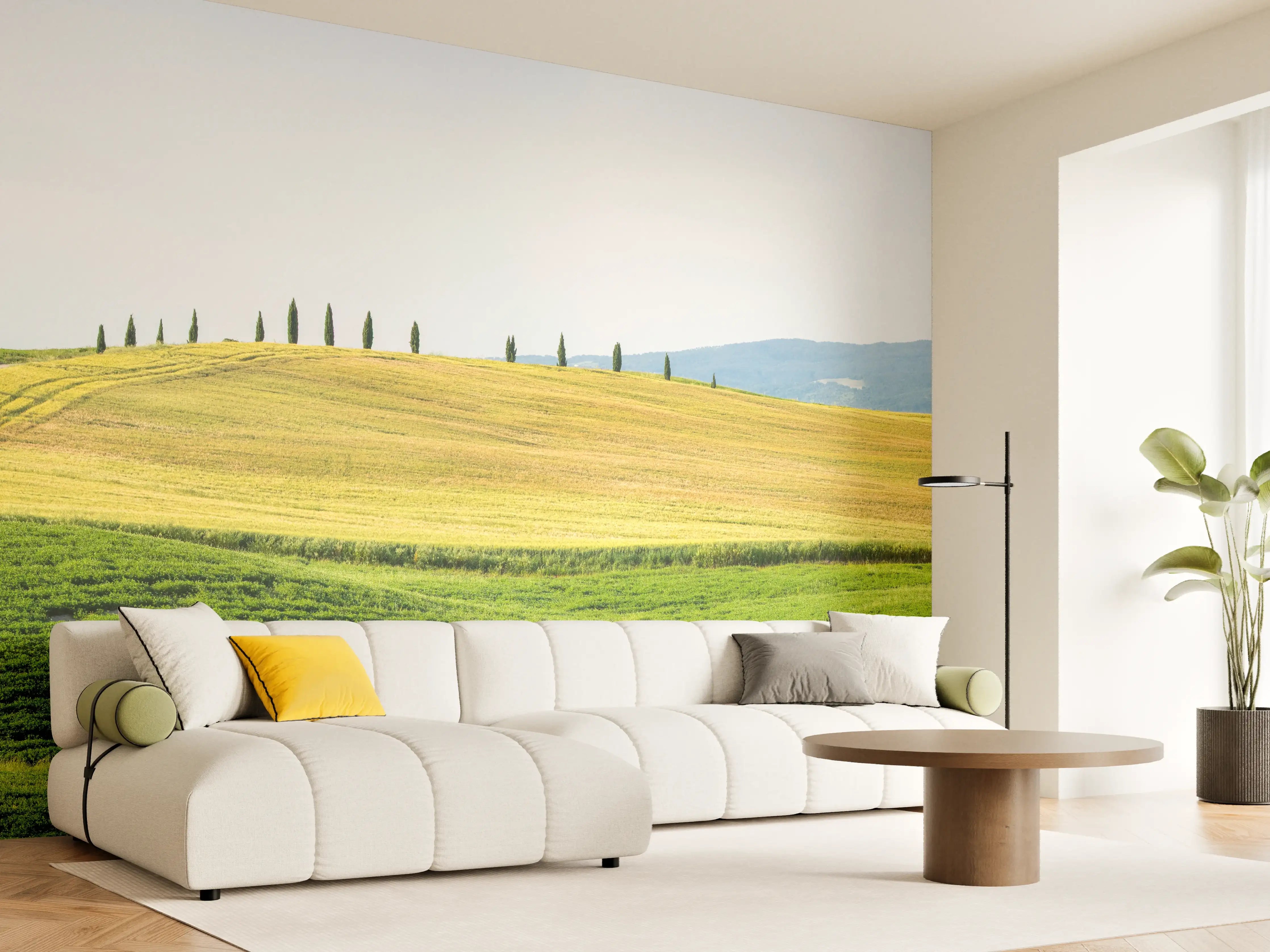 Wandverkleidung Wohnzimmer - Toskana Hügel Panorama Grün-Gelb