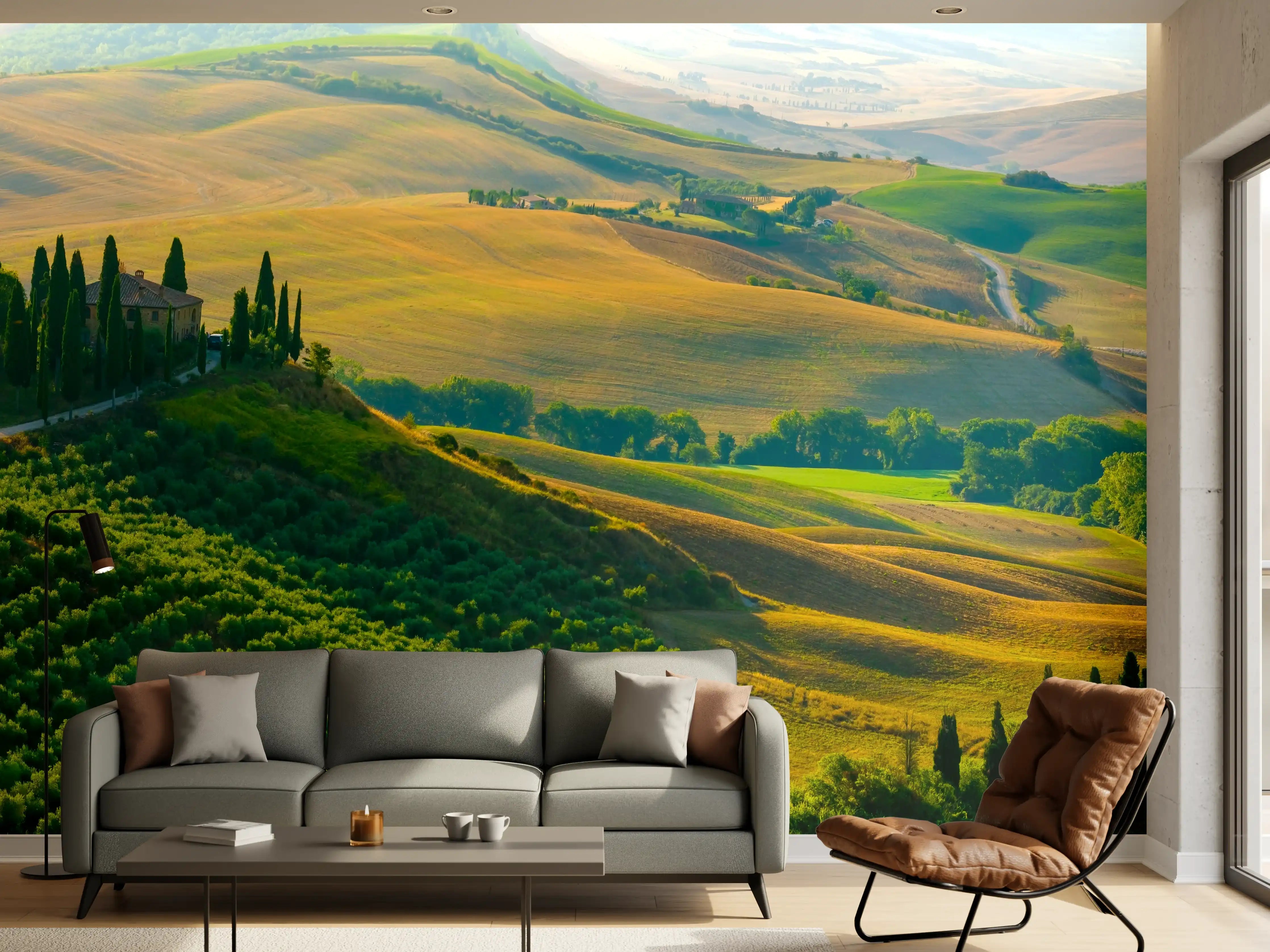 Wandverkleidung Wohnzimmer - Toskana Hügel in Grün