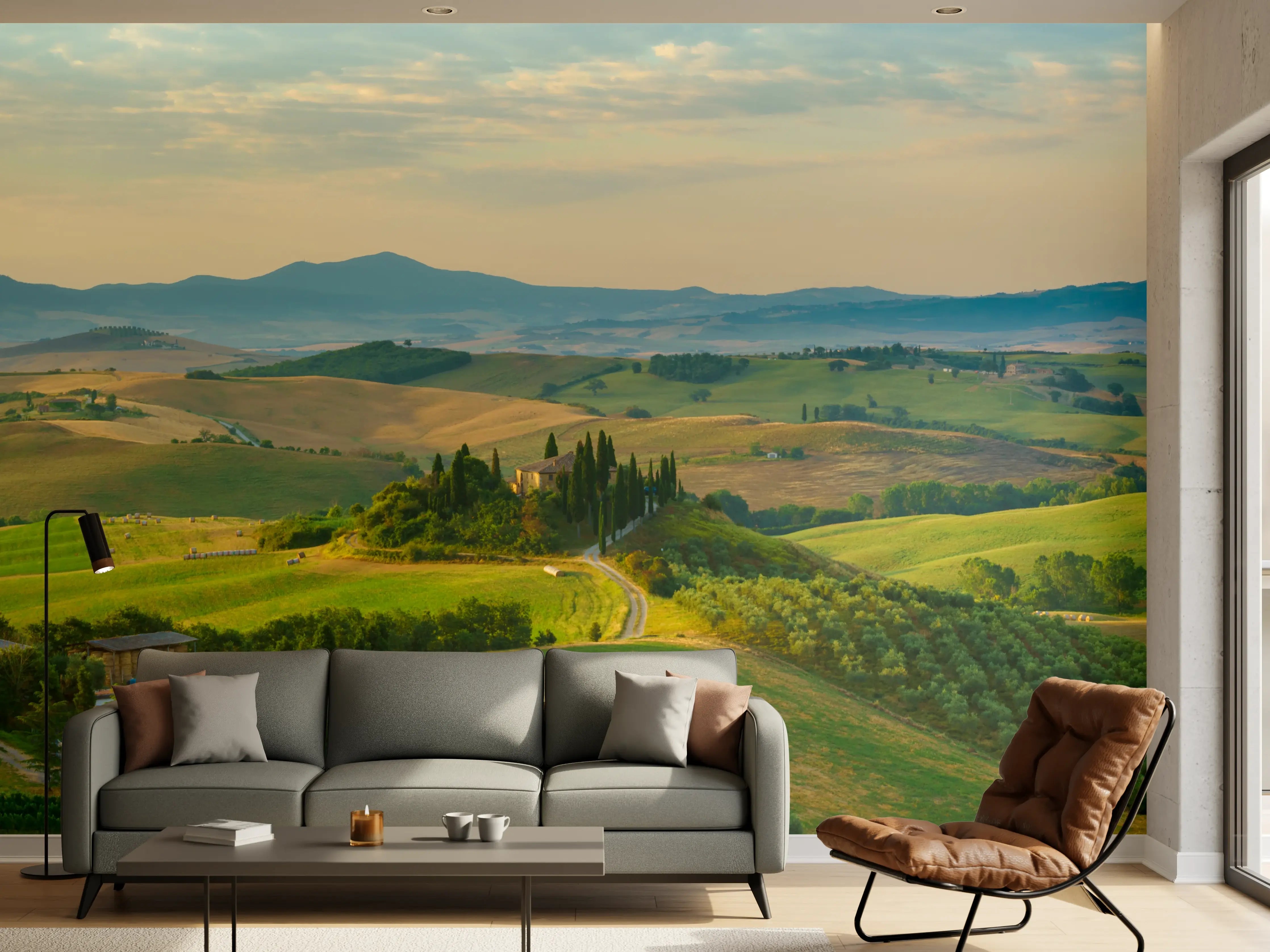 Wandverkleidung Wohnzimmer - Toskana Hügellandschaft Grün-Gold