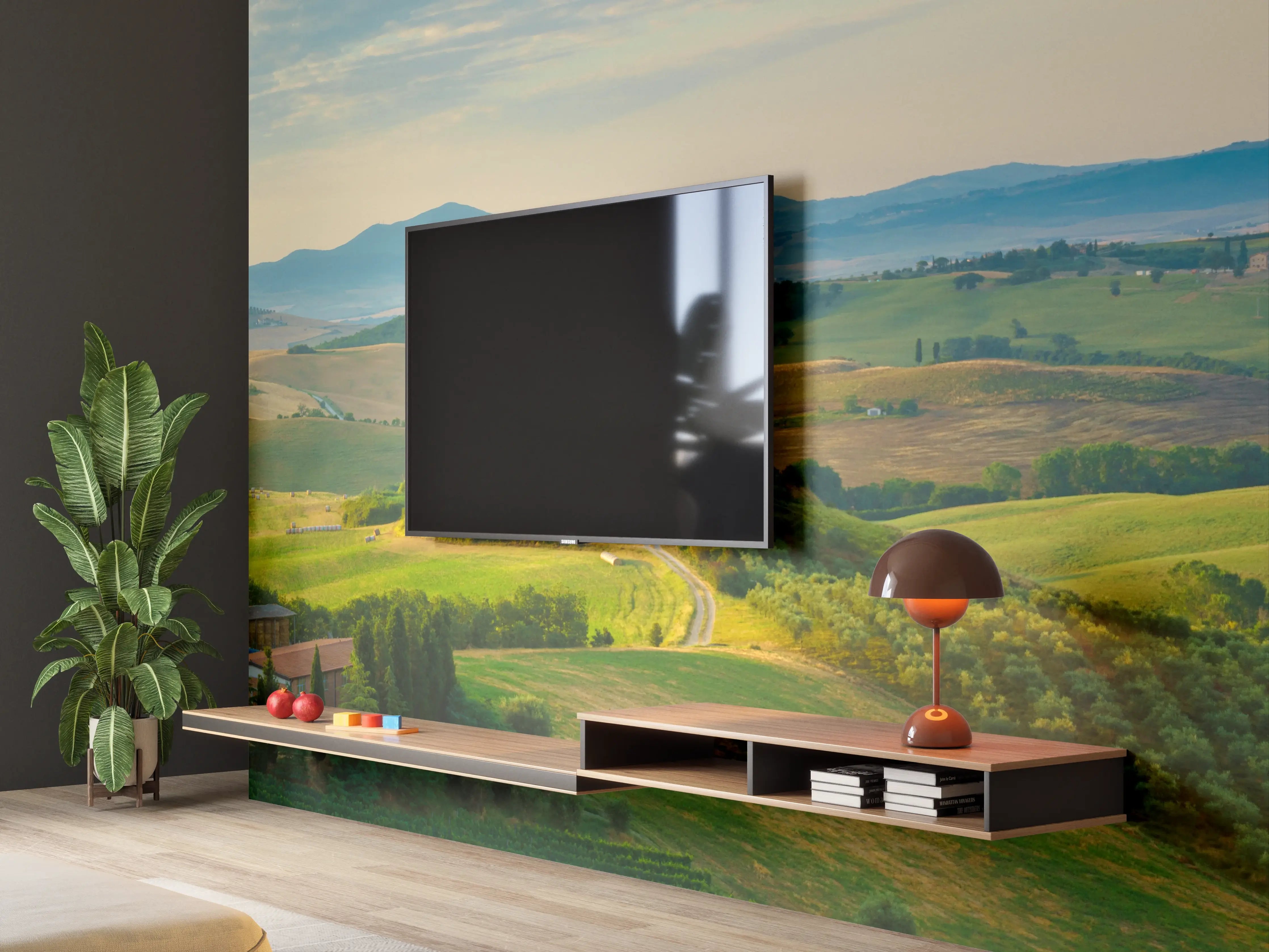 Wandverkleidung Wohnzimmer - Toskana Hügellandschaft Grün-Gold