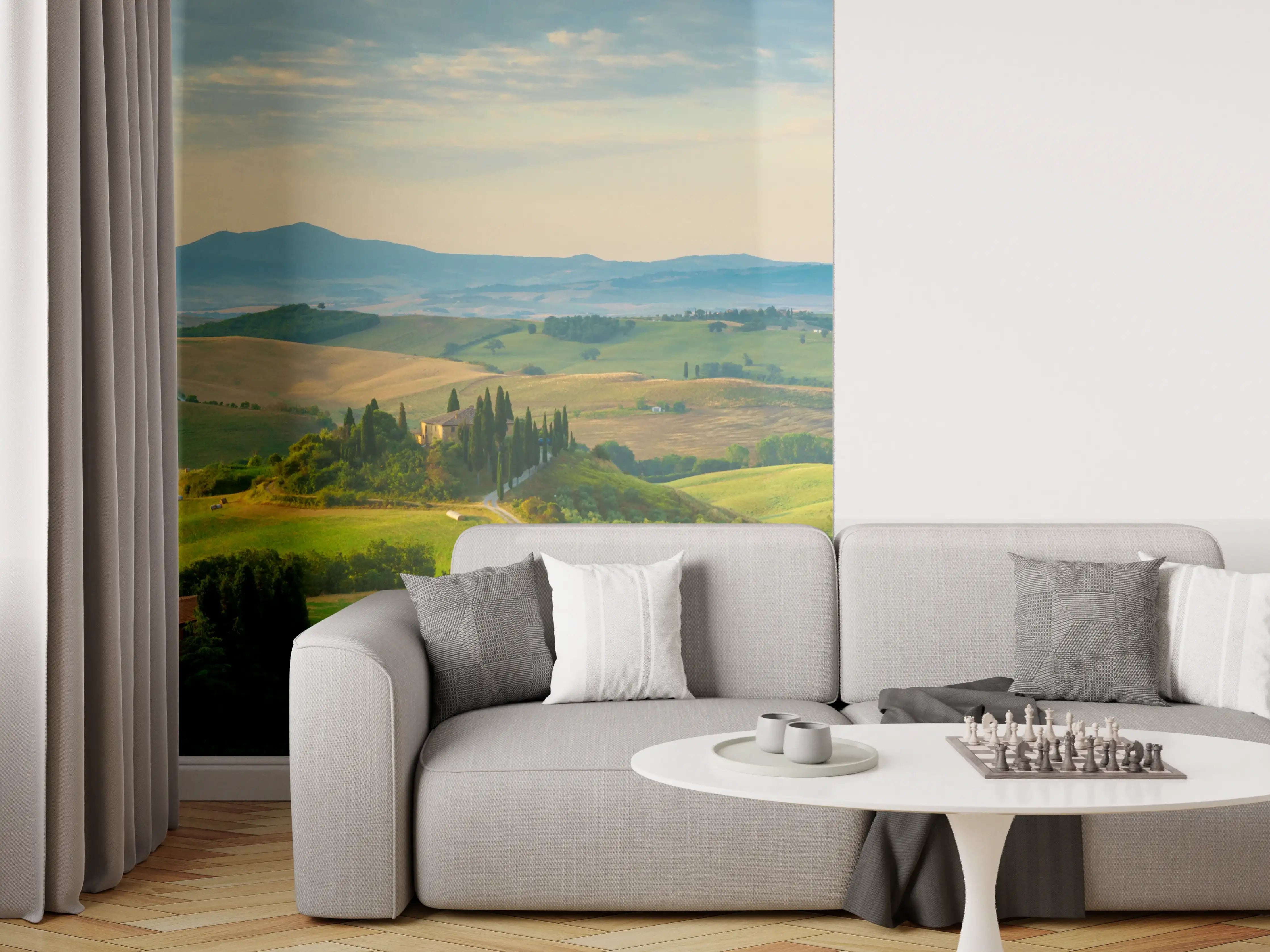 Wandverkleidung Wohnzimmer - Toskana Hügellandschaft Grün-Gold
