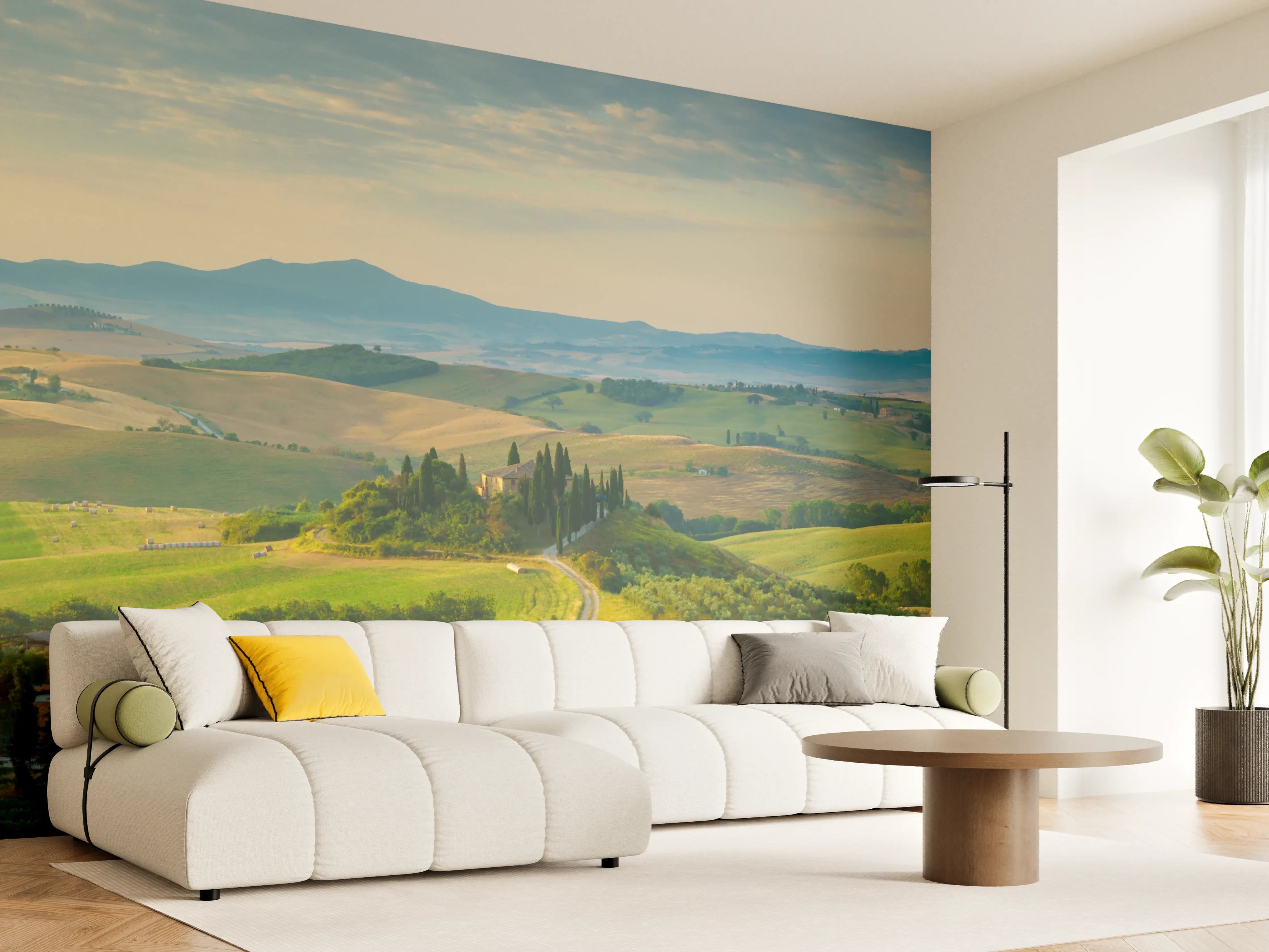 Wandverkleidung Wohnzimmer - Toskana Hügellandschaft Grün-Gold