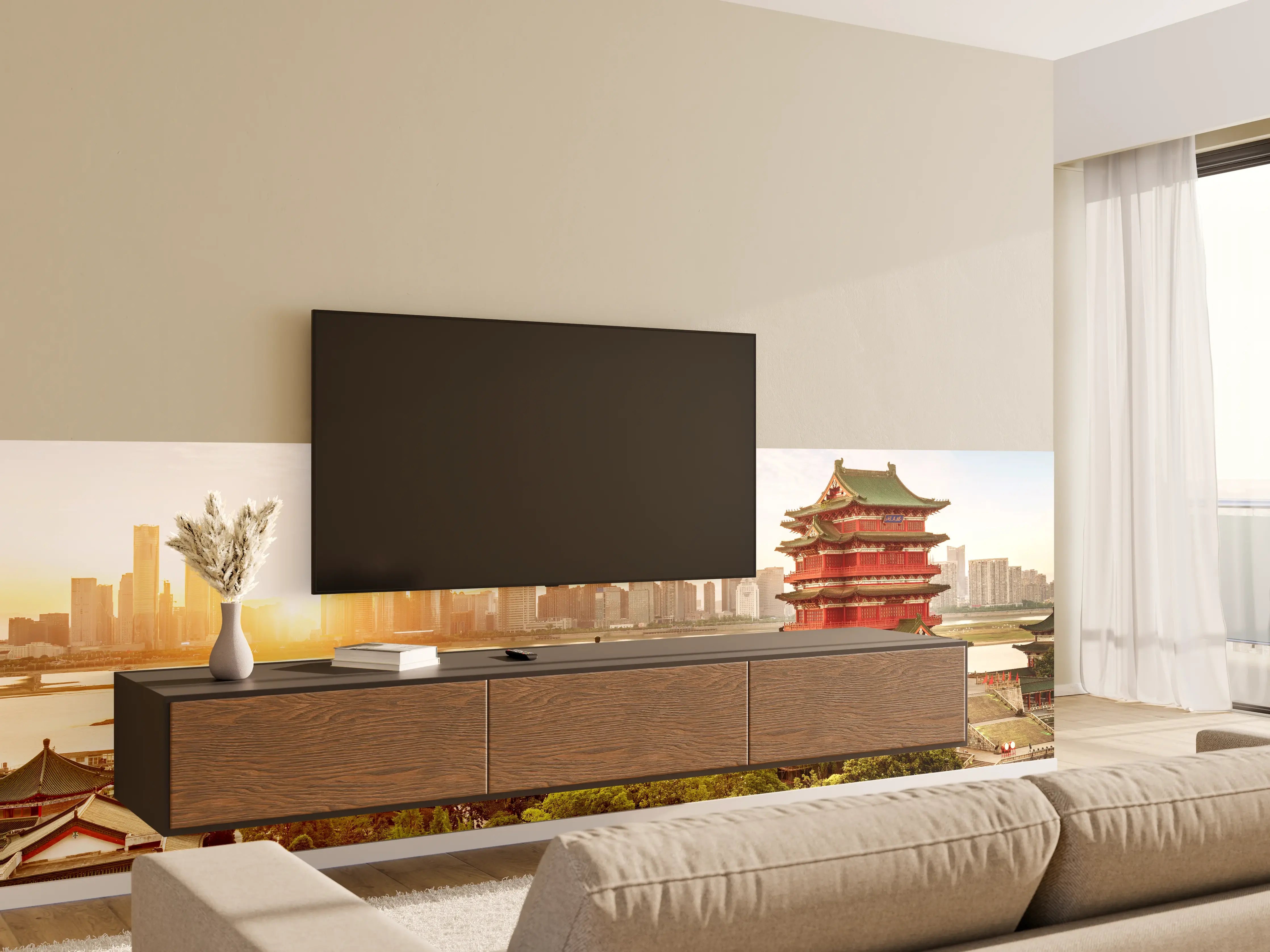 Wandverkleidung Wohnzimmer - Traditionelle chinesische Tempelanlage mit moderner Skyline im Hintergrund