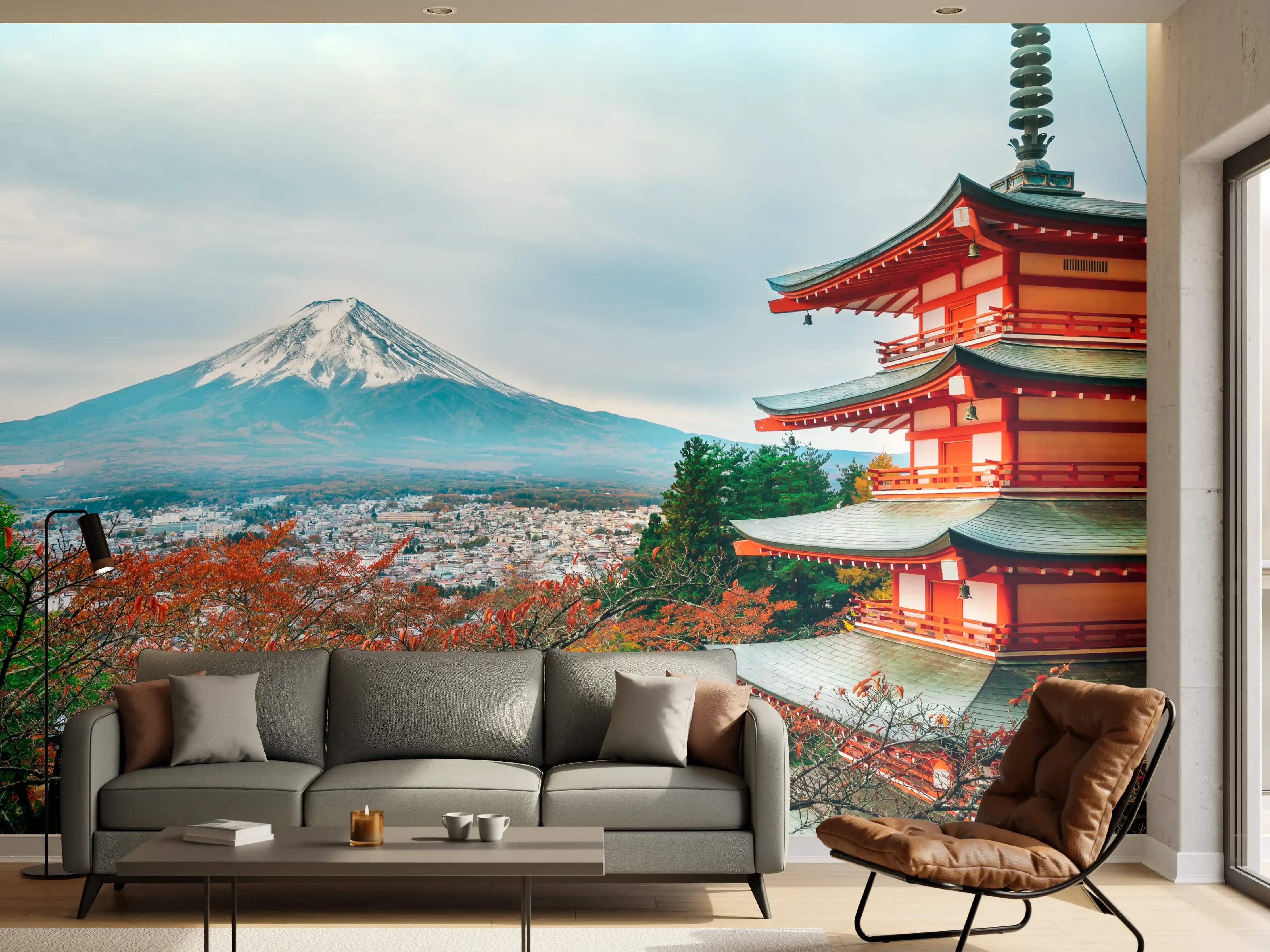 Wandverkleidung Wohnzimmer - Traditionelle japanische Landschaft mit Fuji-Berg und Pagode