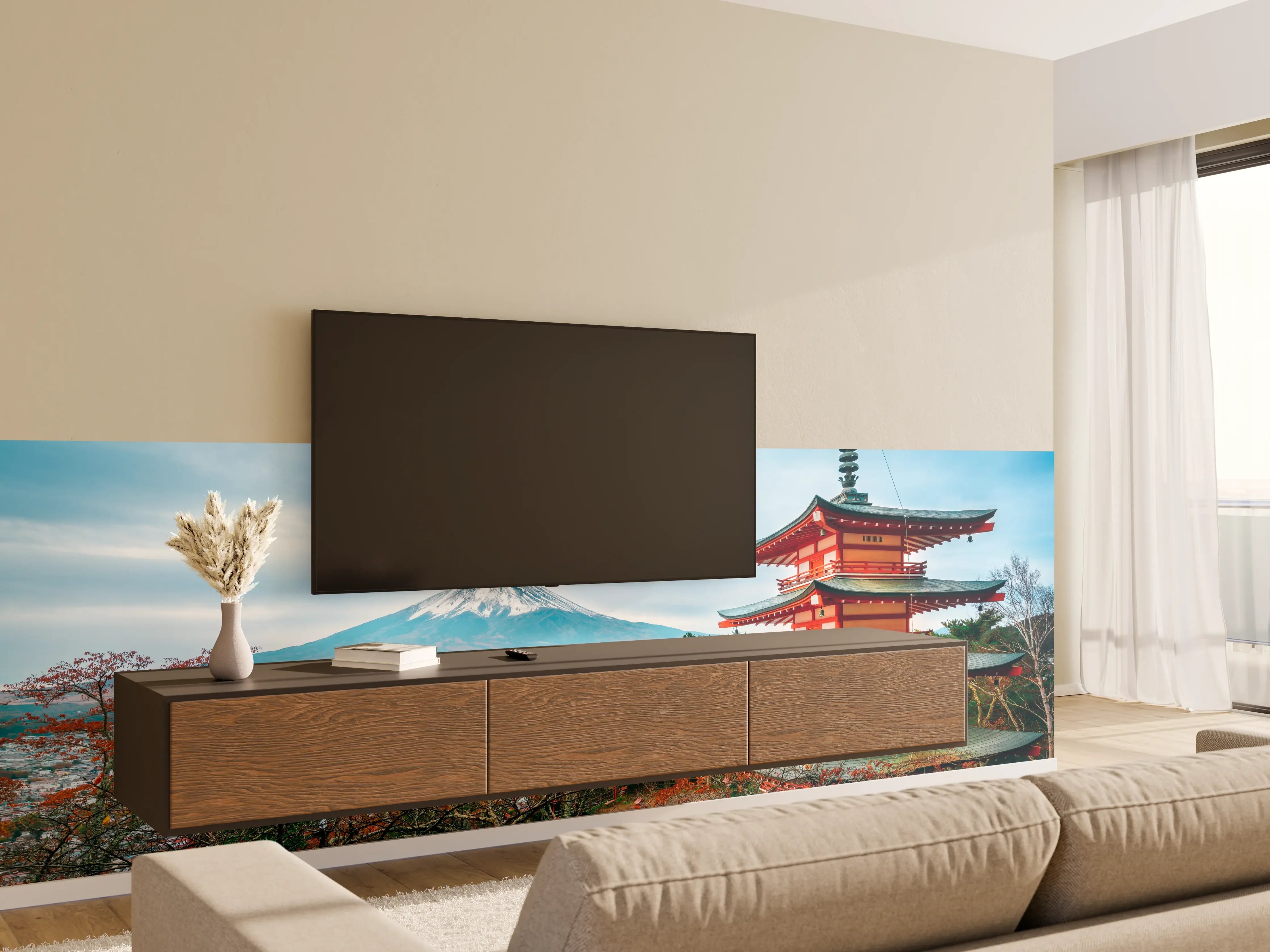 Wandverkleidung Wohnzimmer - Traditionelle japanische Landschaft mit Fuji-Berg und Pagode