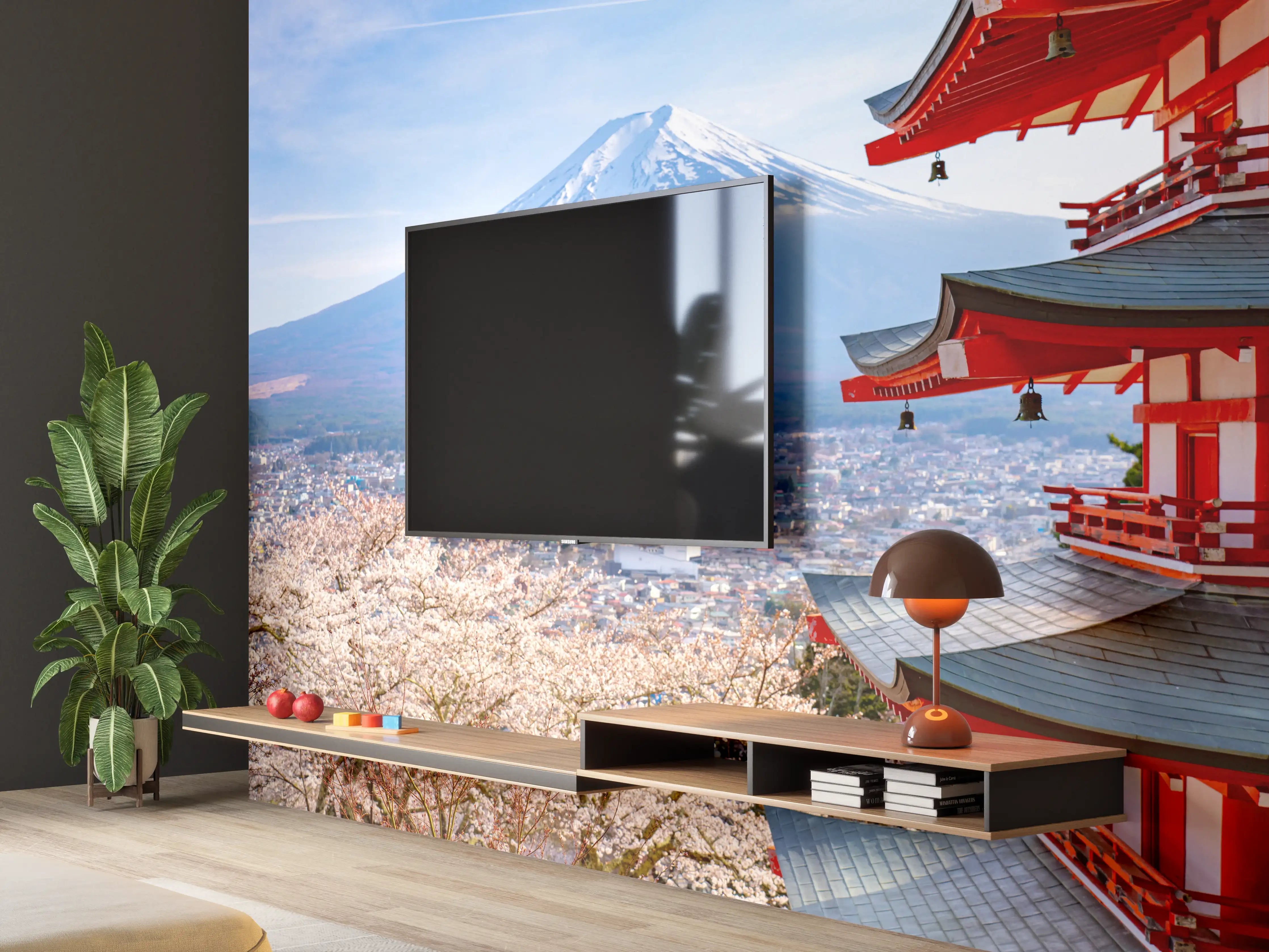 Wandverkleidung Wohnzimmer - Traditionelle japanische Szenerie mit Mount Fuji