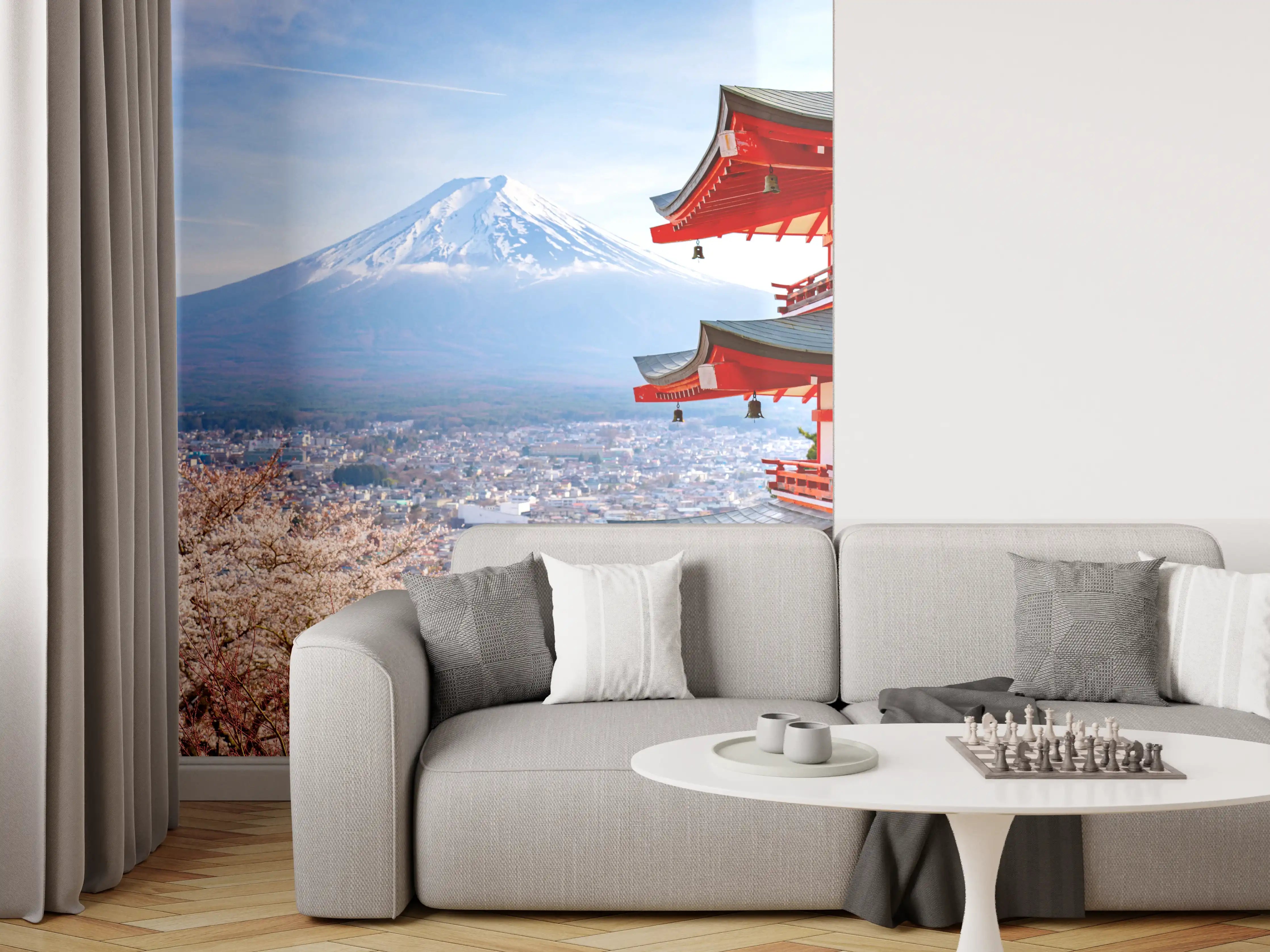 Wandverkleidung Wohnzimmer - Traditionelle japanische Szenerie mit Mount Fuji