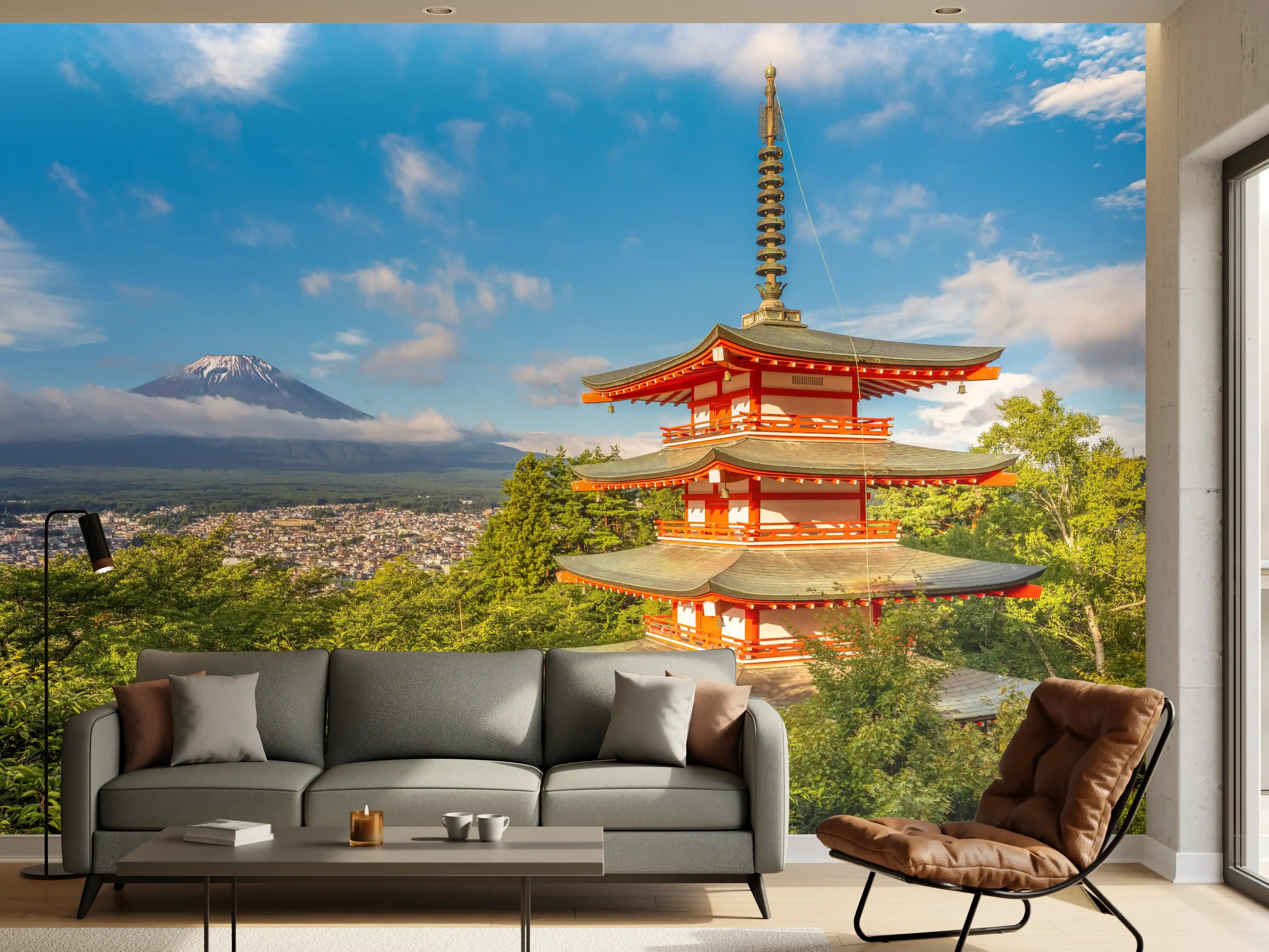 Wandverkleidung Wohnzimmer - Traditioneller japanischer Pagoden-Turm mit Mount Fuji im Hintergrund