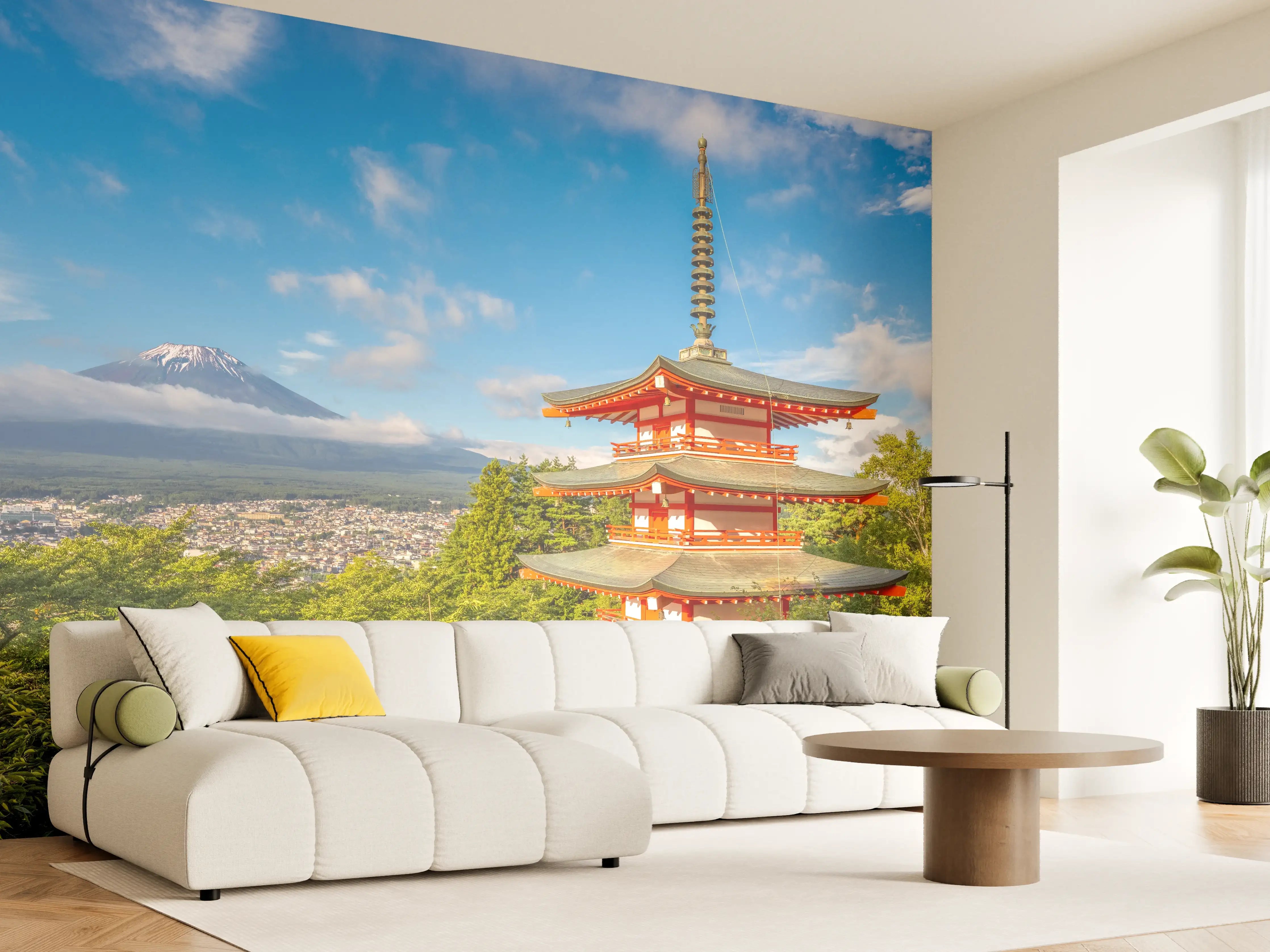 Wandverkleidung Wohnzimmer - Traditioneller japanischer Pagoden-Turm mit Mount Fuji im Hintergrund