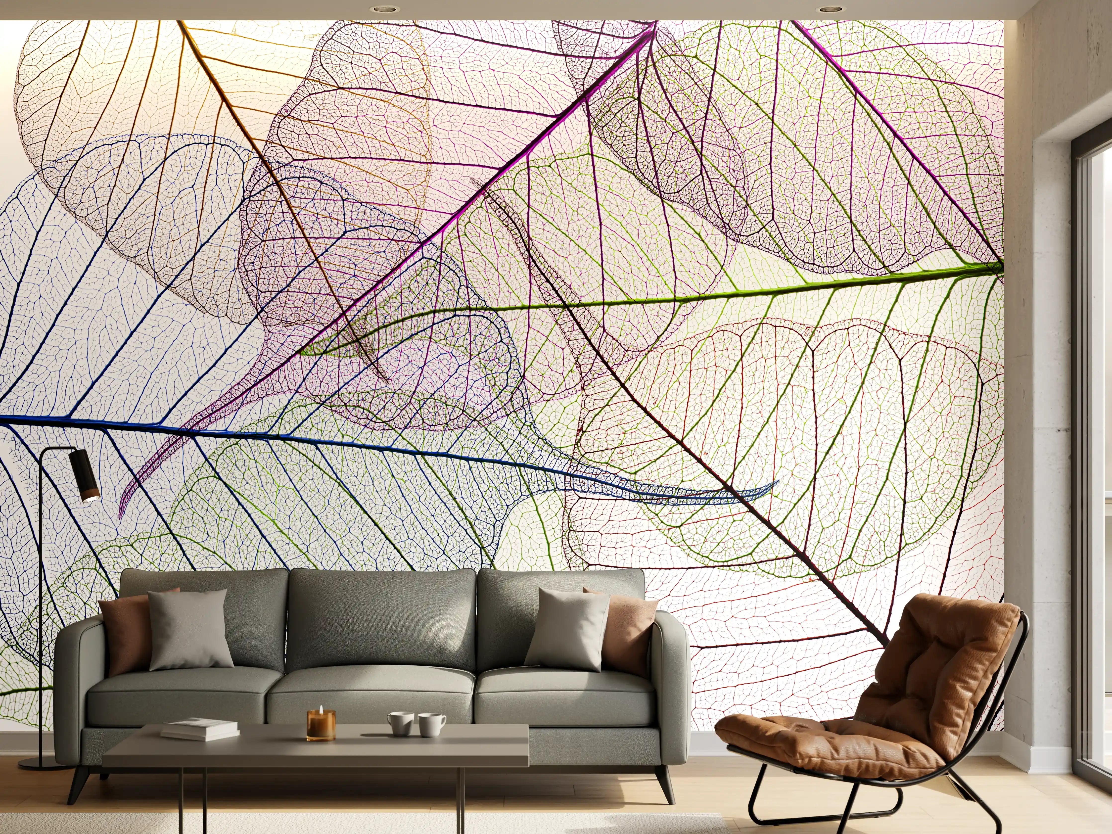 Wandverkleidung Wohnzimmer - Transparentes Blättermuster auf weißem Hintergrund