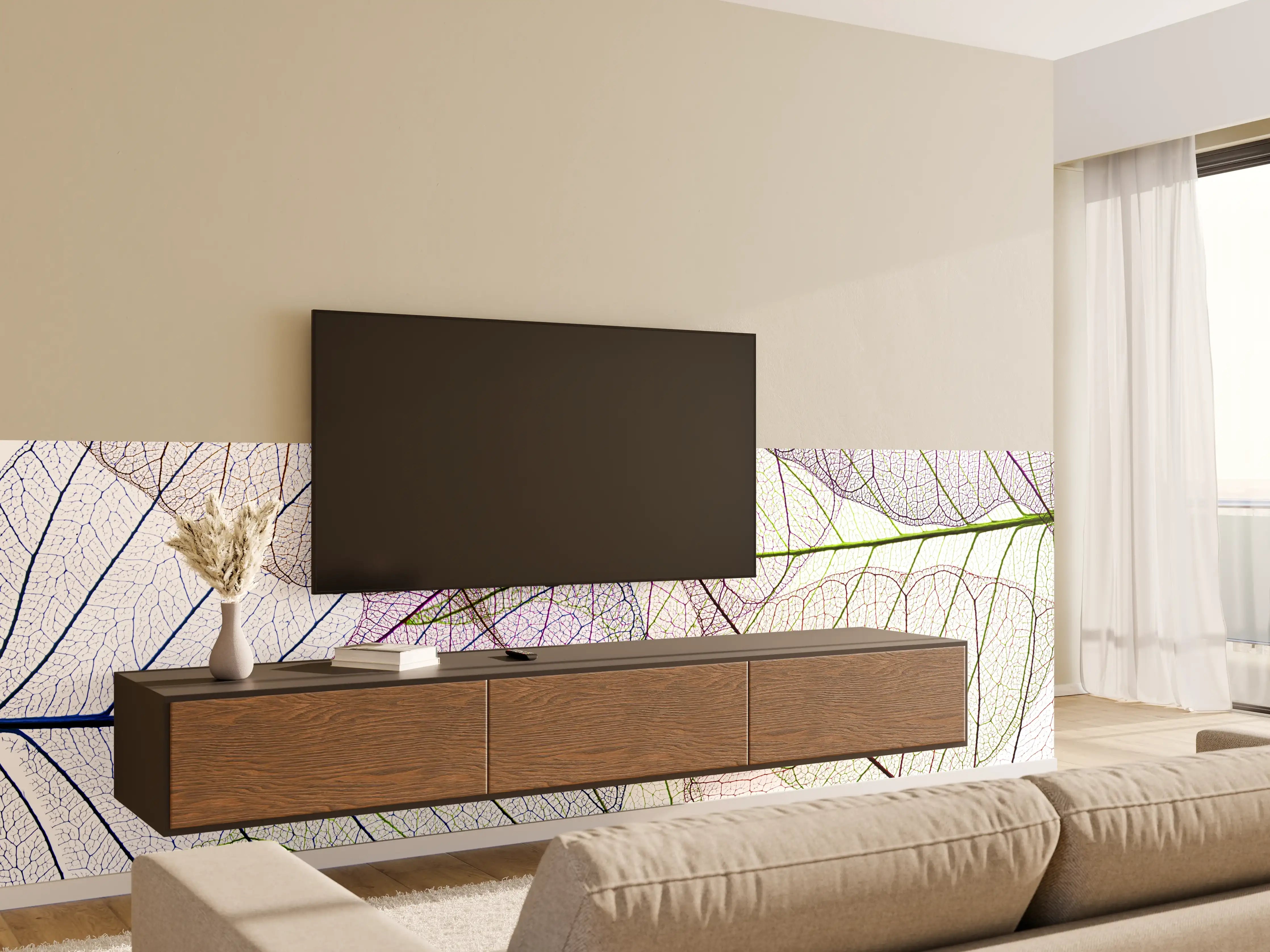 Wandverkleidung Wohnzimmer - Transparentes Blättermuster auf weißem Hintergrund