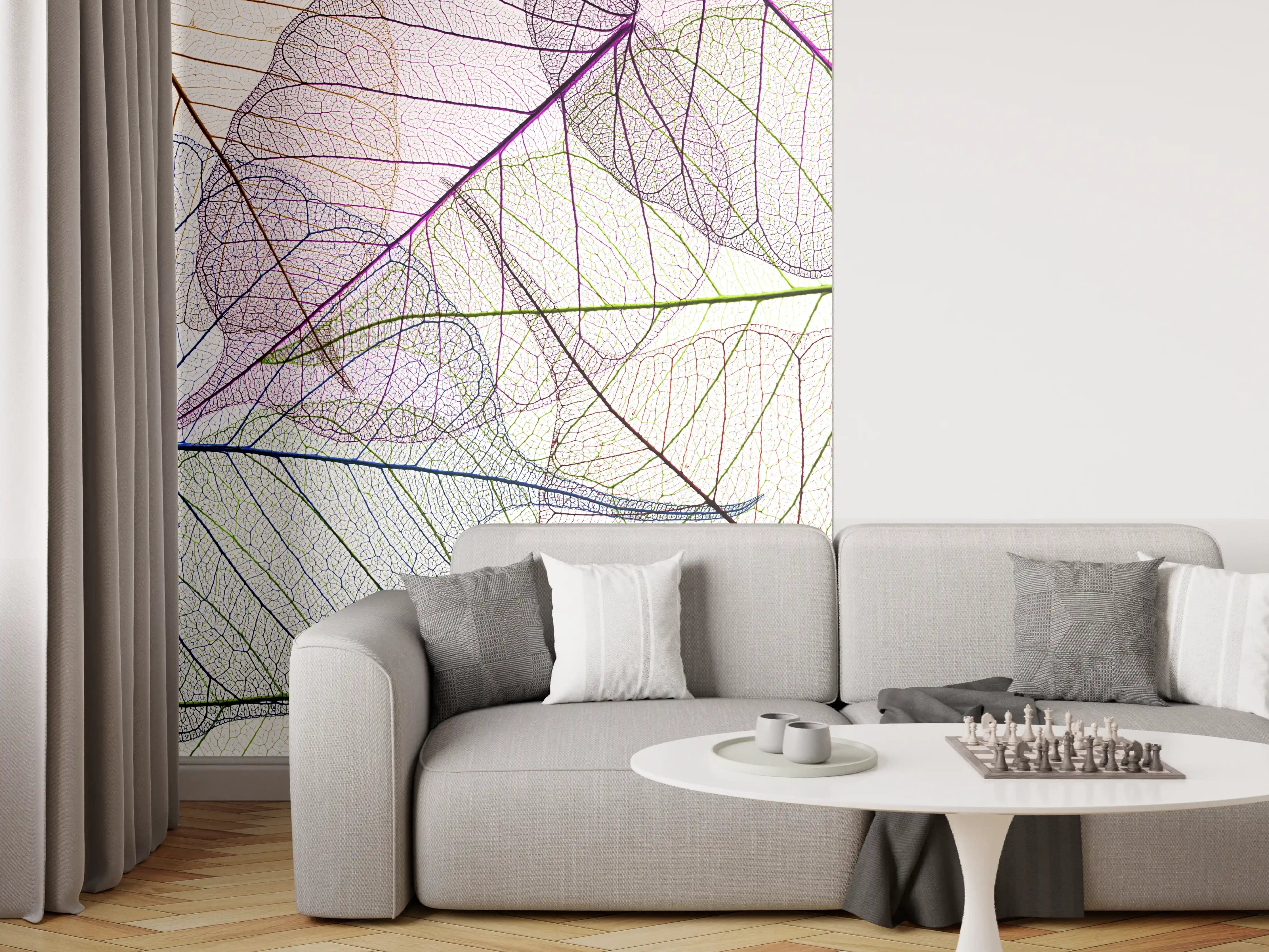 Wandverkleidung Wohnzimmer - Transparentes Blättermuster auf weißem Hintergrund