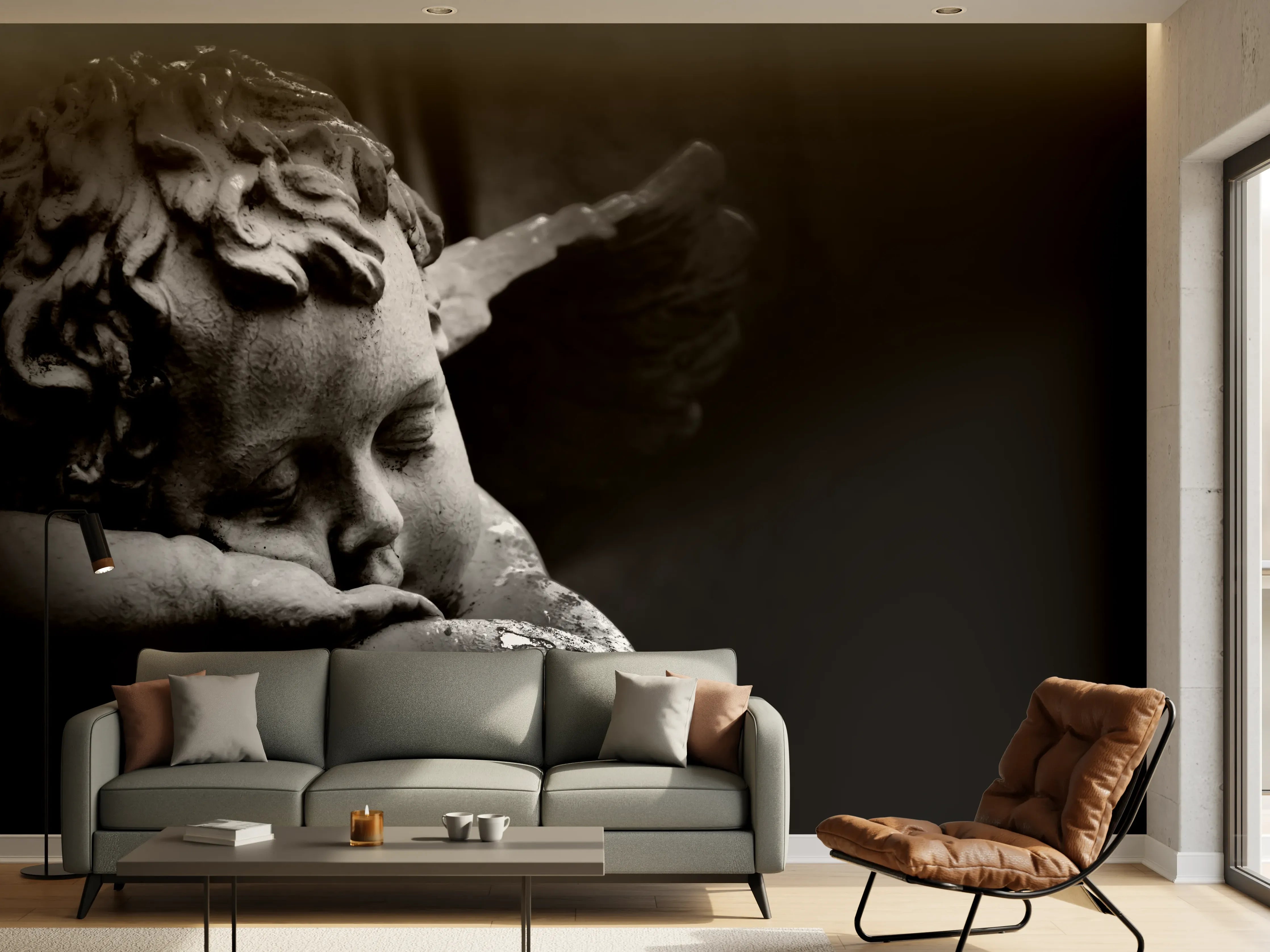 Wandverkleidung Wohnzimmer - Traumender Engel Schwarz-Weiß Statue