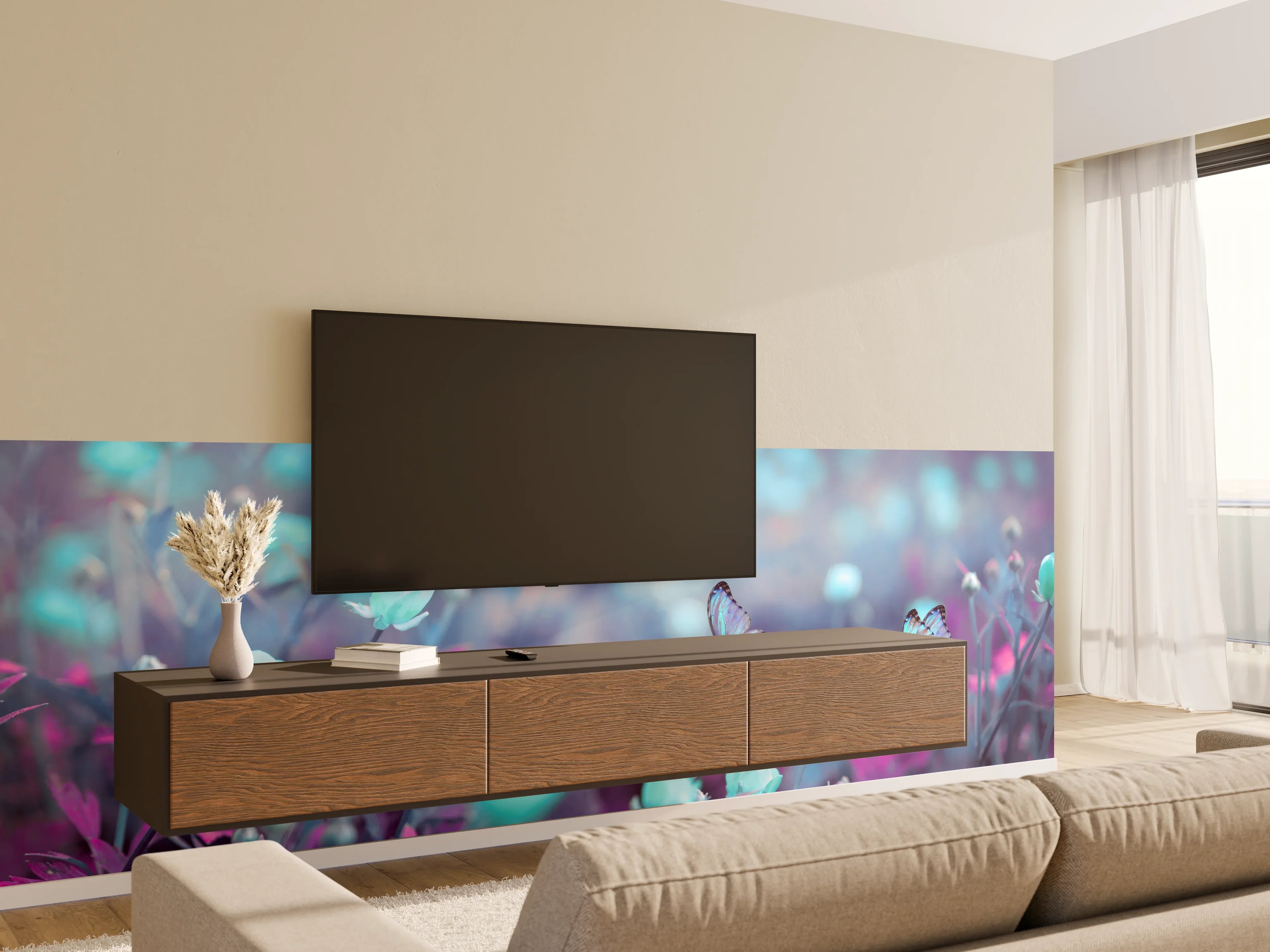 Wandverkleidung Wohnzimmer - Traumhafte Blumen- und Schmetterlingsszene in Pastellfarben