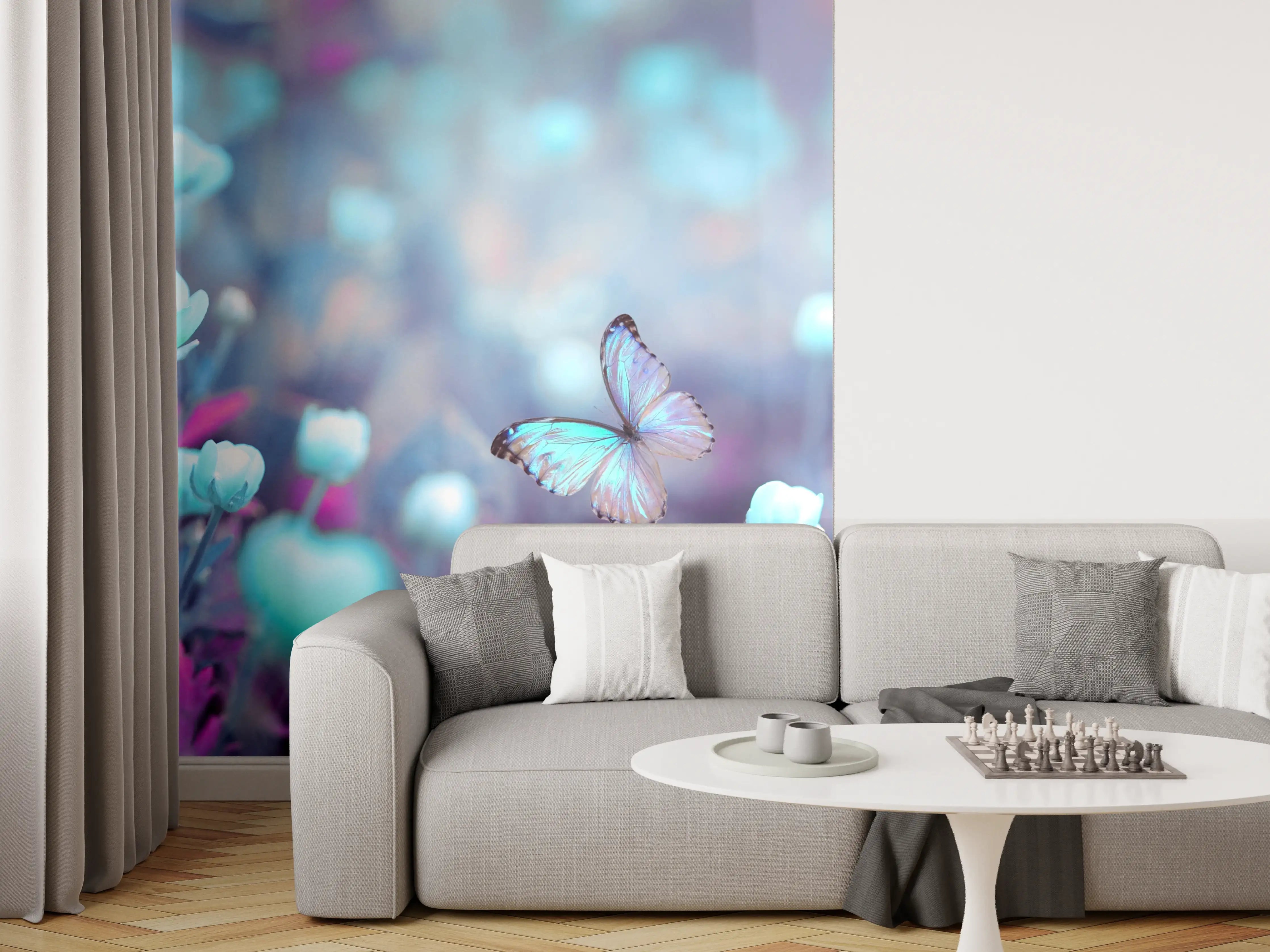 Wandverkleidung Wohnzimmer - Traumhafte Blumen- und Schmetterlingsszene in Pastellfarben