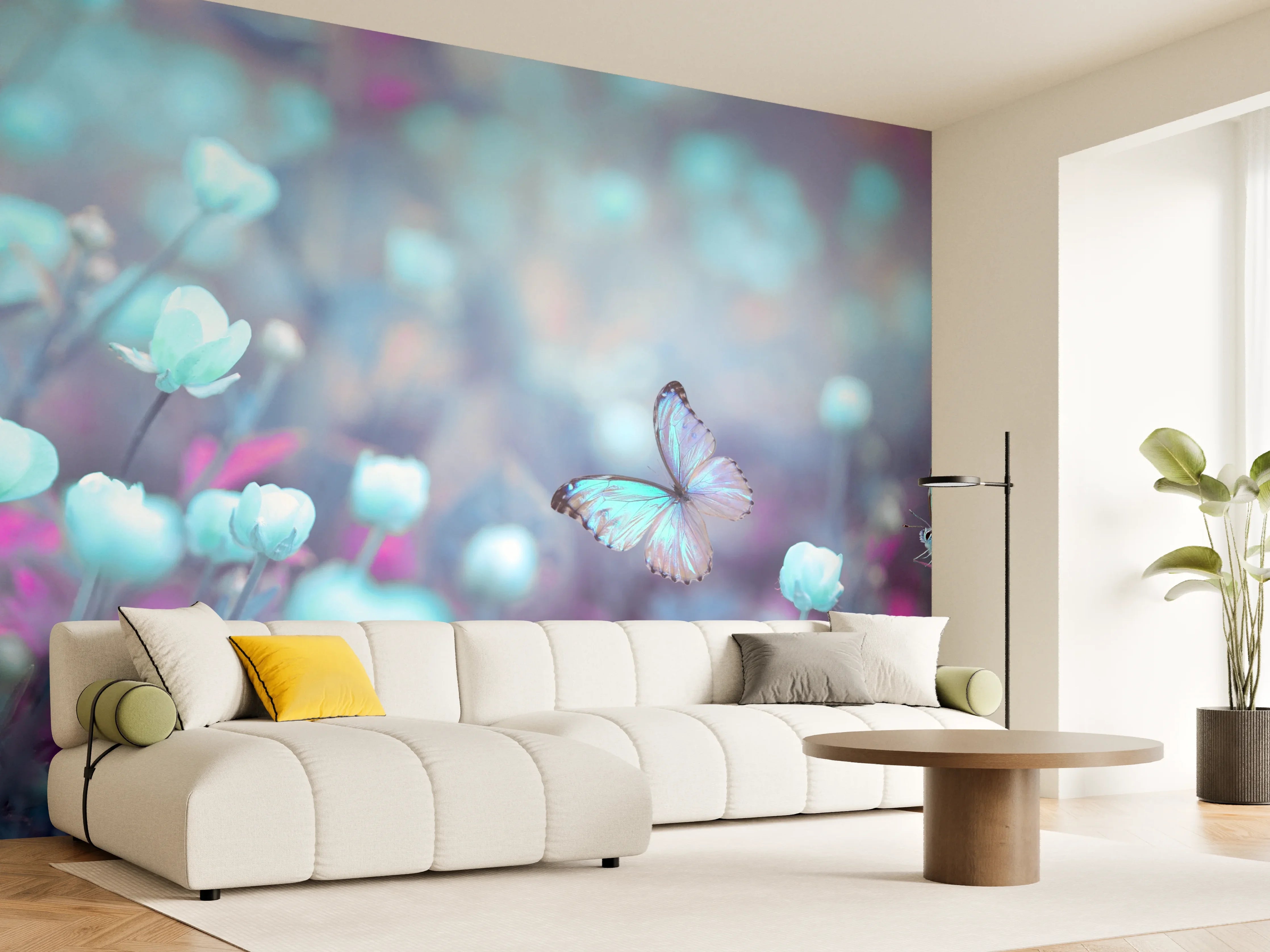 Wandverkleidung Wohnzimmer - Traumhafte Blumen- und Schmetterlingsszene in Pastellfarben