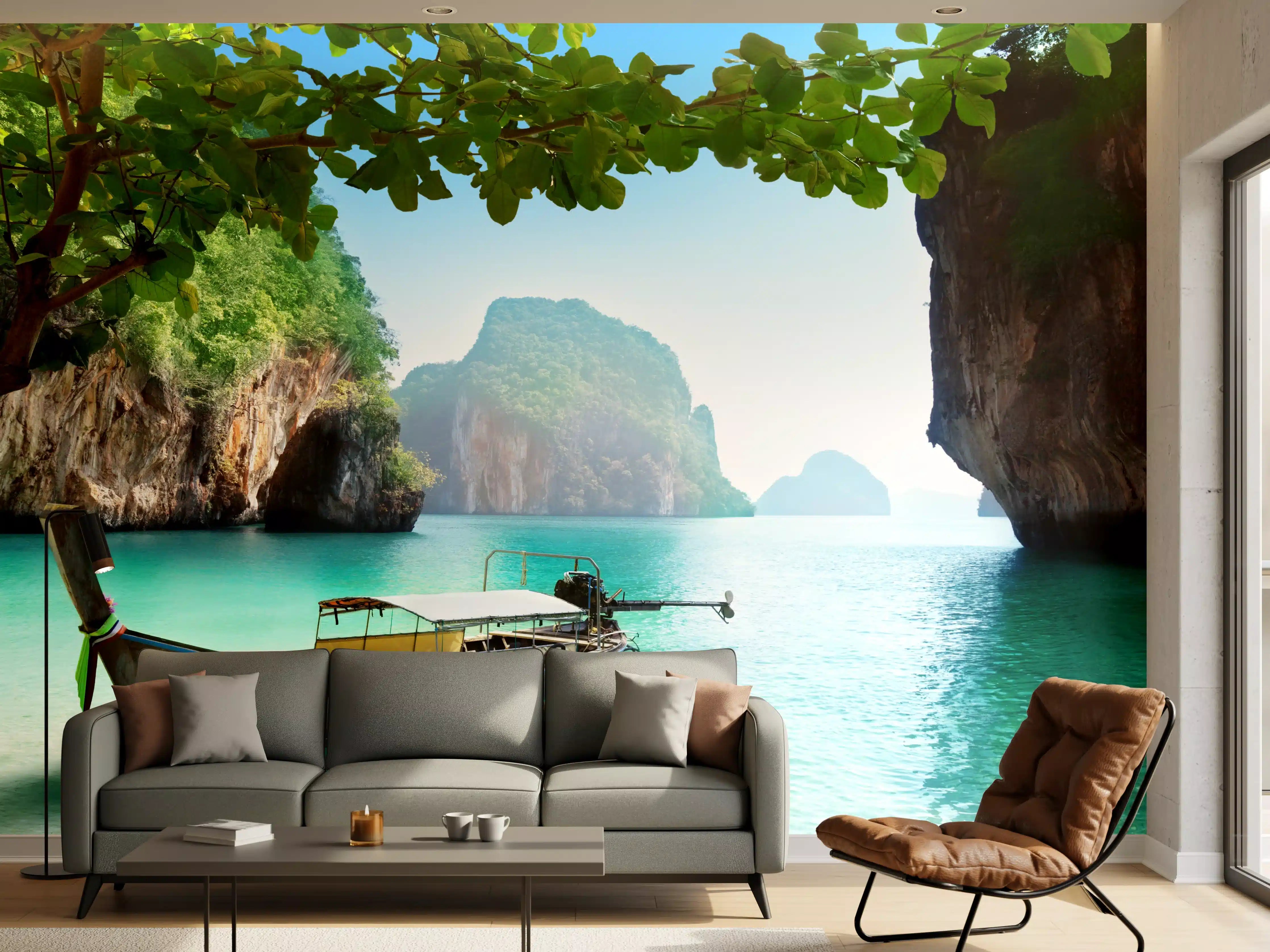 Wandverkleidung Wohnzimmer - Traumhafte Bootstour in einer versteckten Lagune