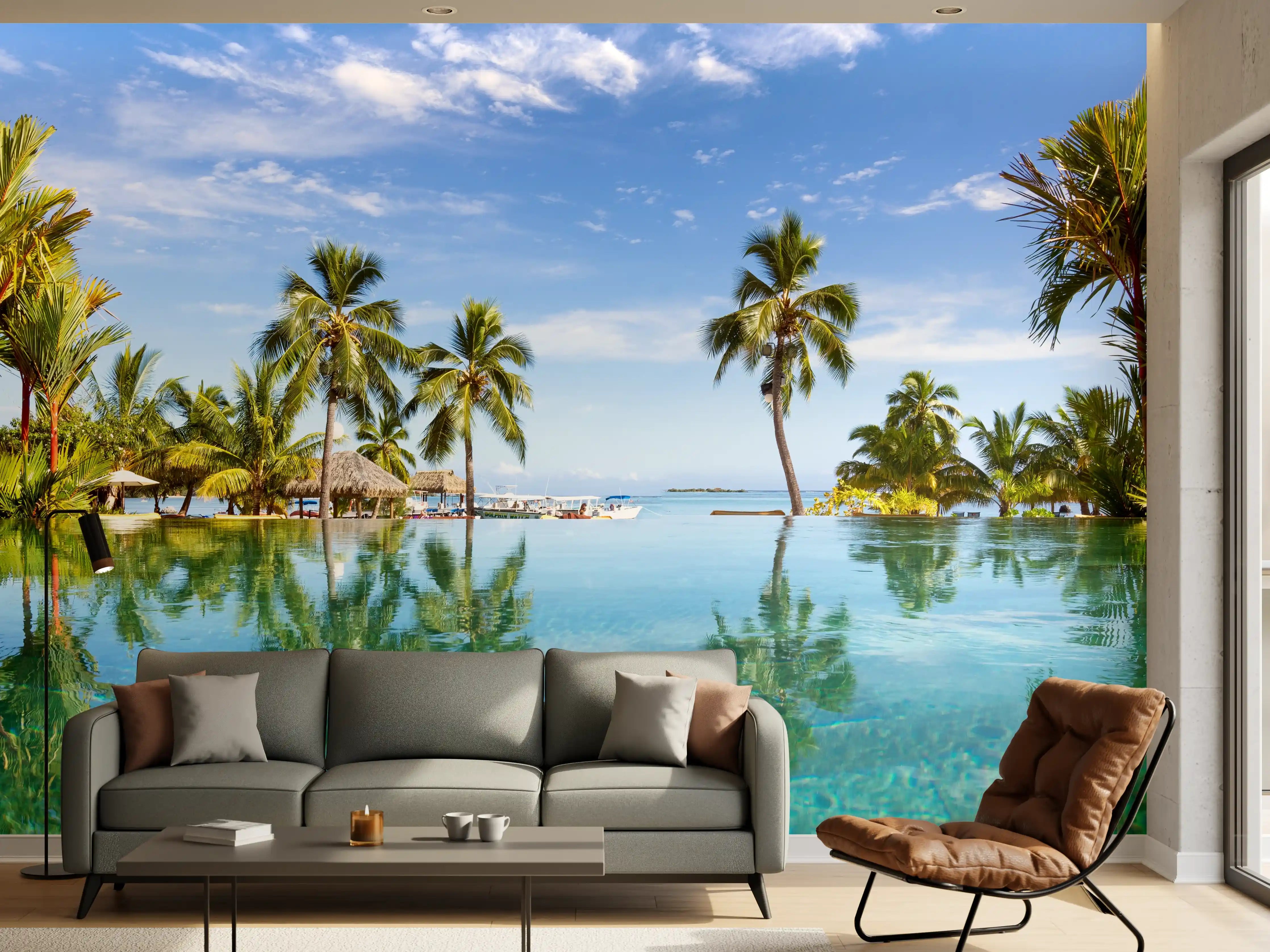 Wandverkleidung Wohnzimmer - Traumhafte Pool-Landschaft mit Palmen