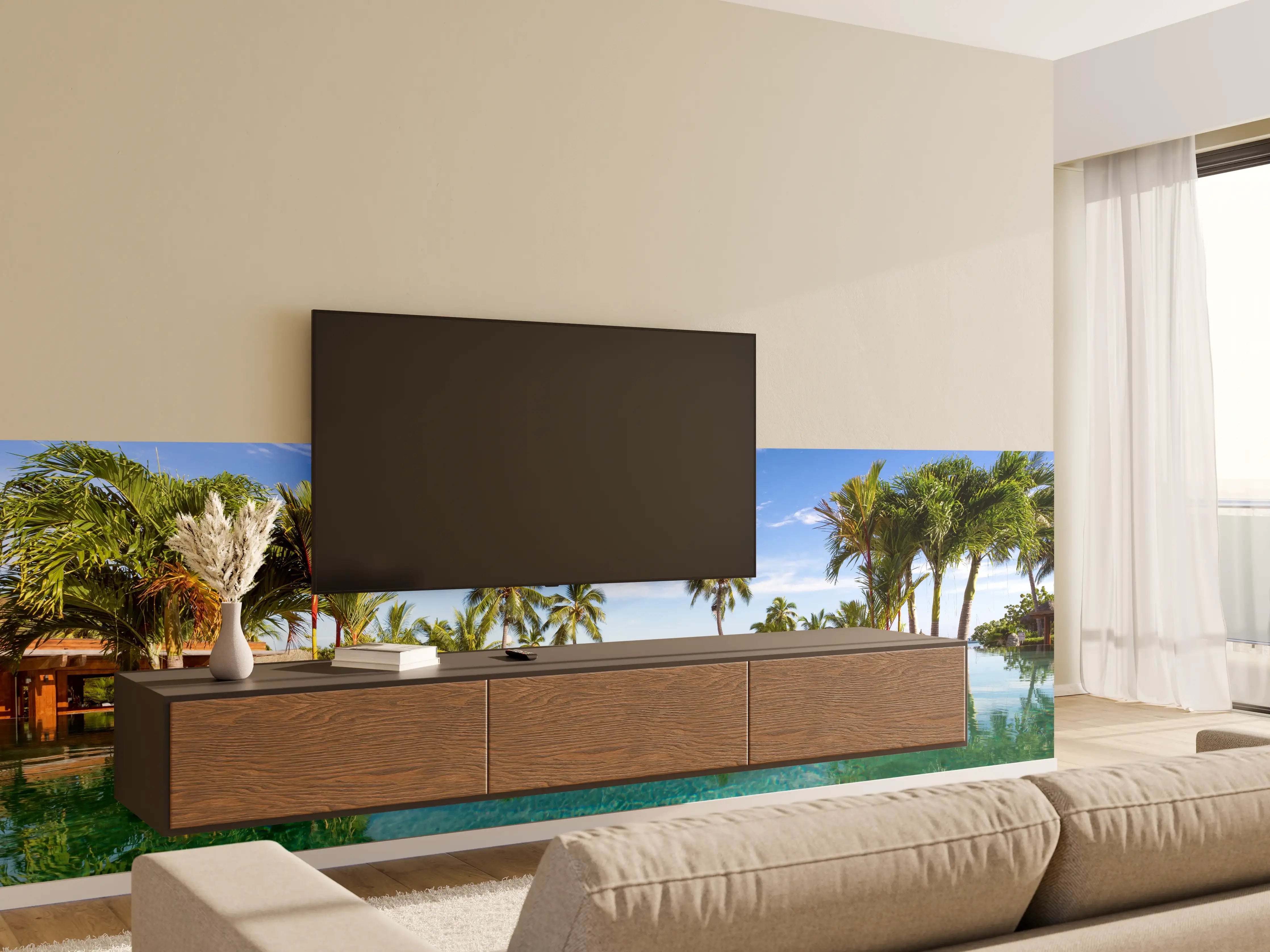 Wandverkleidung Wohnzimmer - Traumhafte Pool-Landschaft mit Palmen