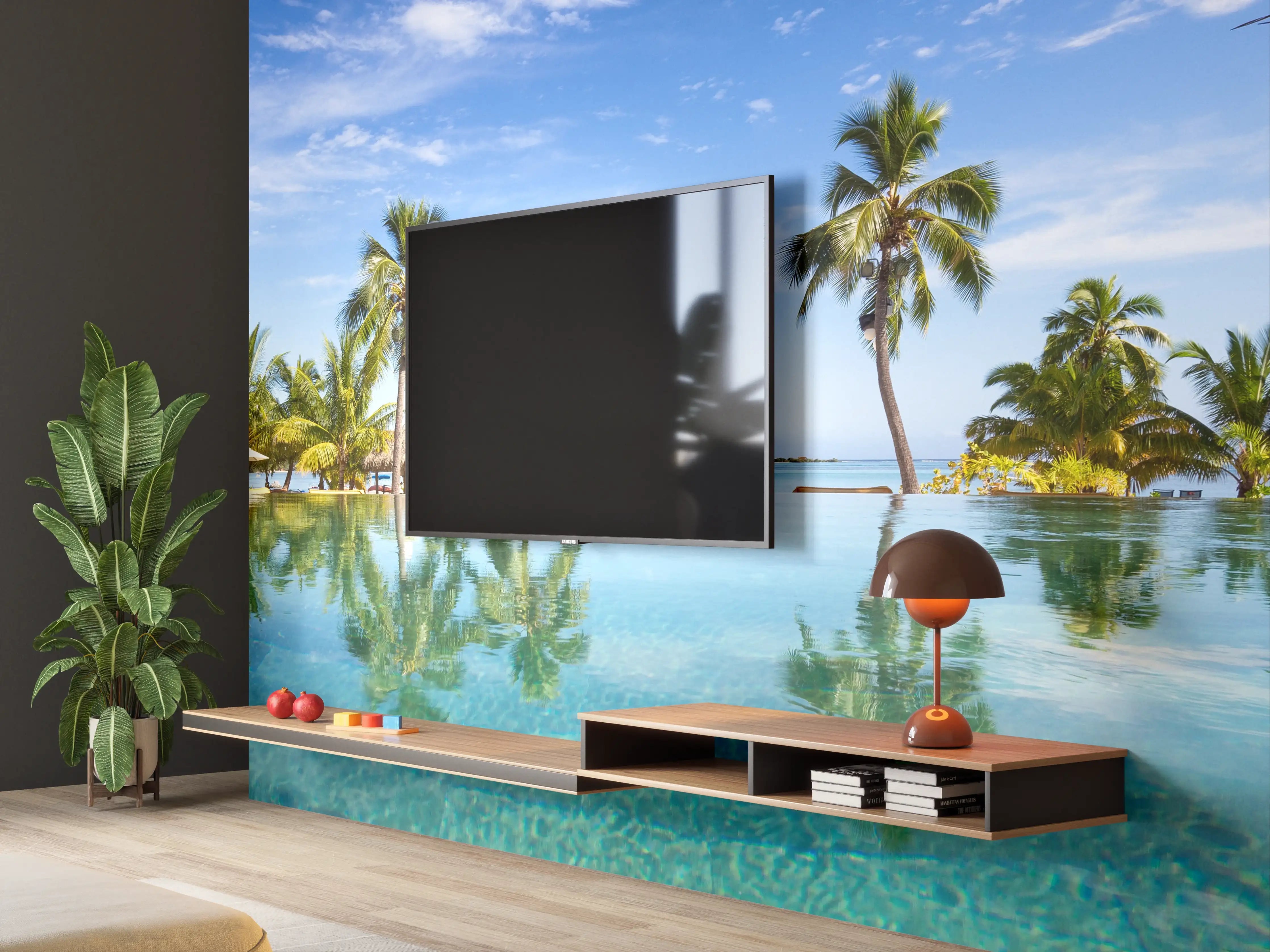 Wandverkleidung Wohnzimmer - Traumhafte Pool-Landschaft mit Palmen