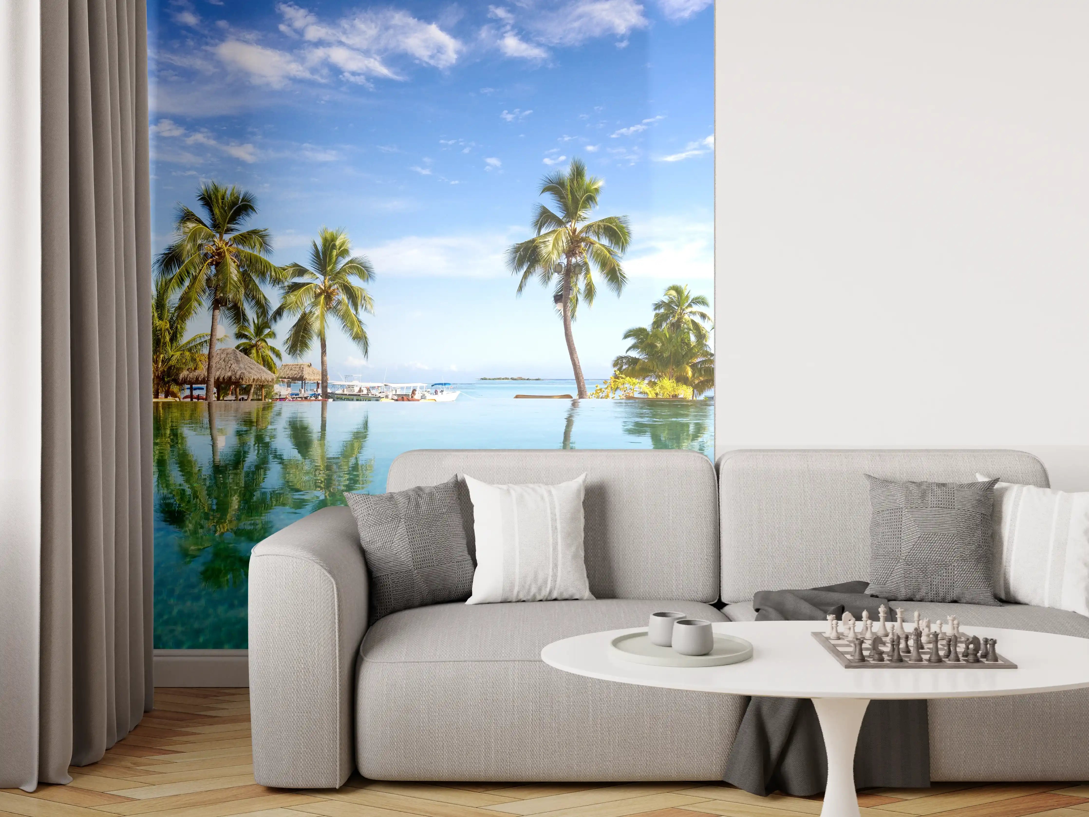 Wandverkleidung Wohnzimmer - Traumhafte Pool-Landschaft mit Palmen