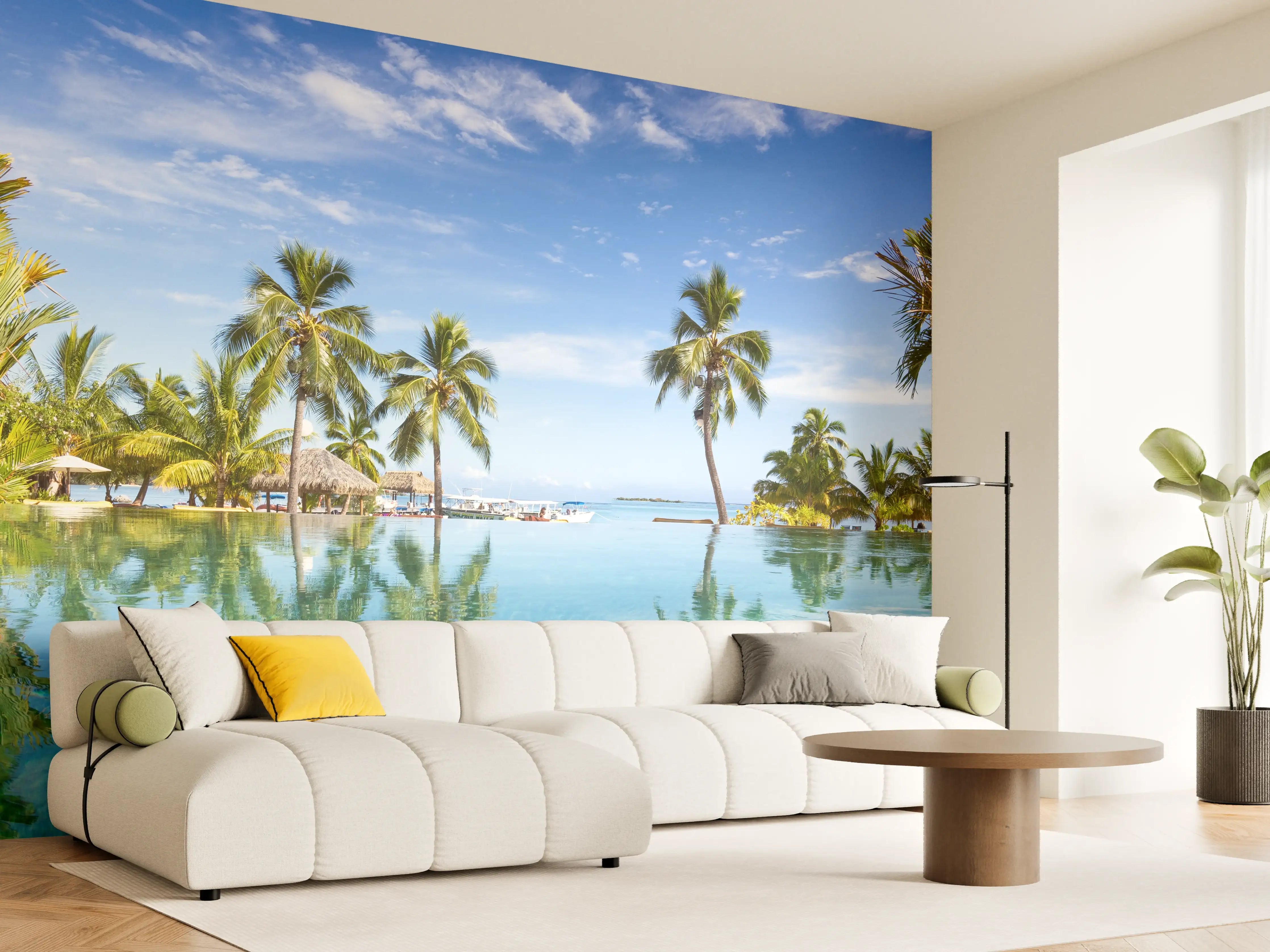 Wandverkleidung Wohnzimmer - Traumhafte Pool-Landschaft mit Palmen
