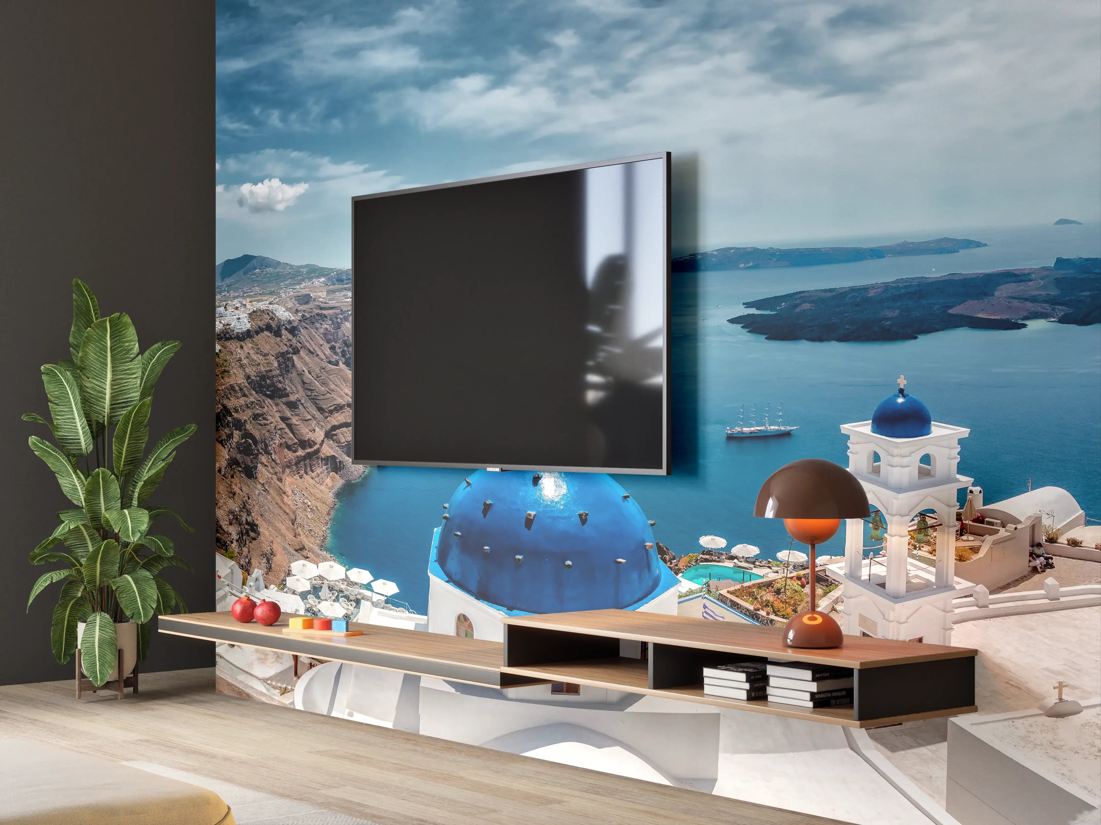 Wandverkleidung Wohnzimmer - Traumhafte Santorini-Ansicht mit blauer Kuppel