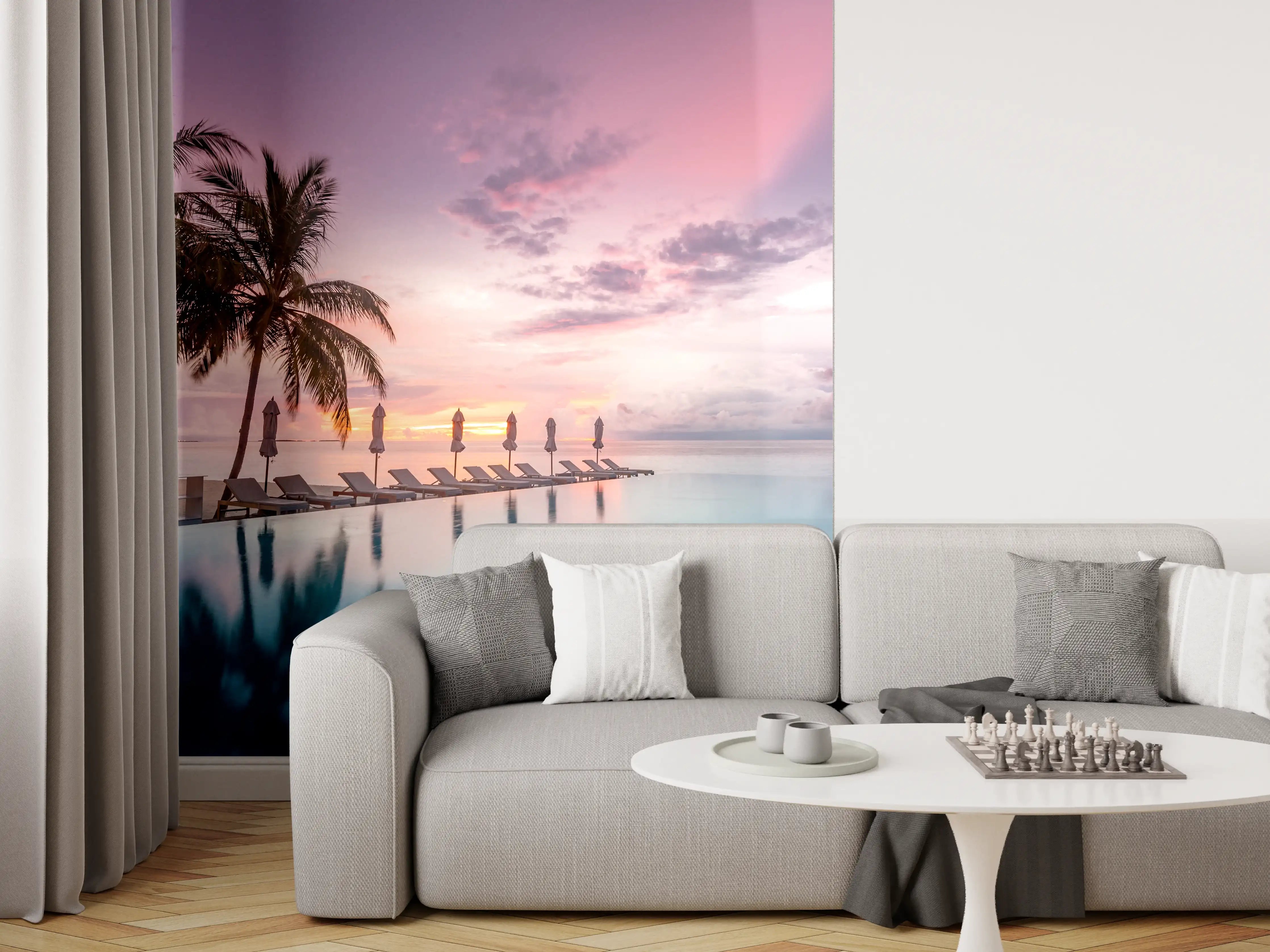 Wandverkleidung Wohnzimmer - Traumhafte Sonnenuntergangs-Szene am Pool