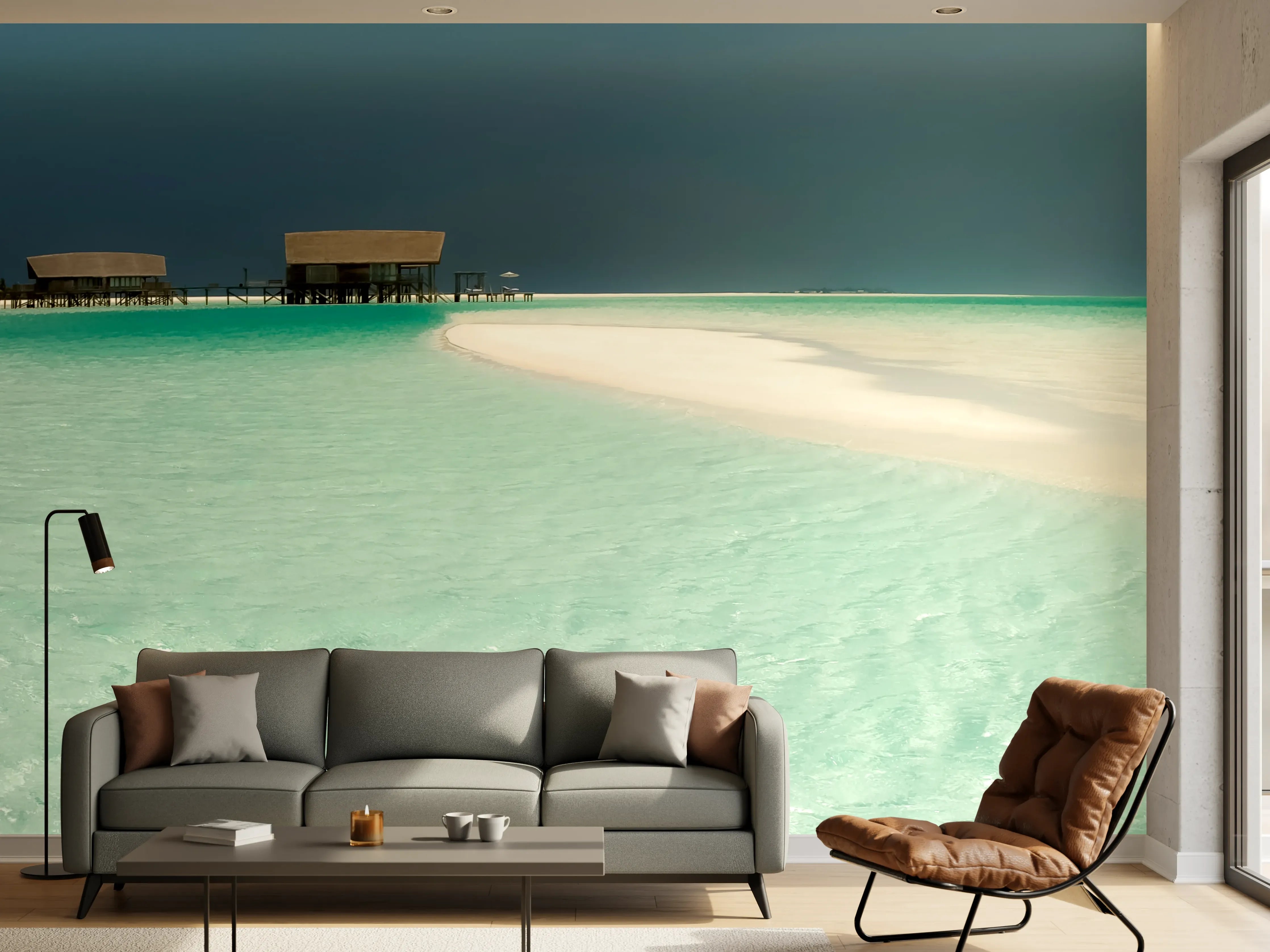 Wandverkleidung Wohnzimmer - Traumhafte Strandkulisse mit kristallklarem Wasser und Sand