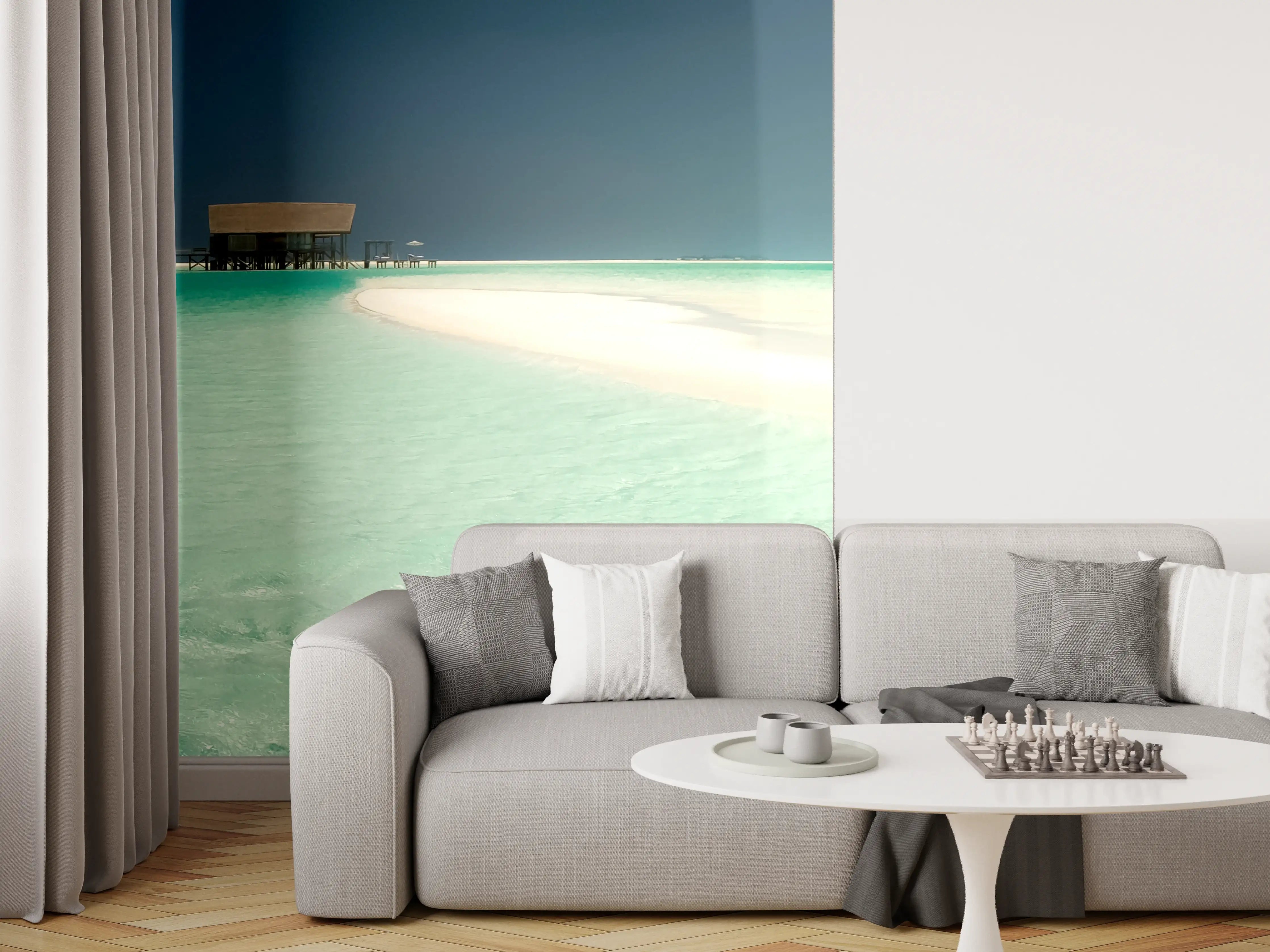 Wandverkleidung Wohnzimmer - Traumhafte Strandkulisse mit kristallklarem Wasser und Sand