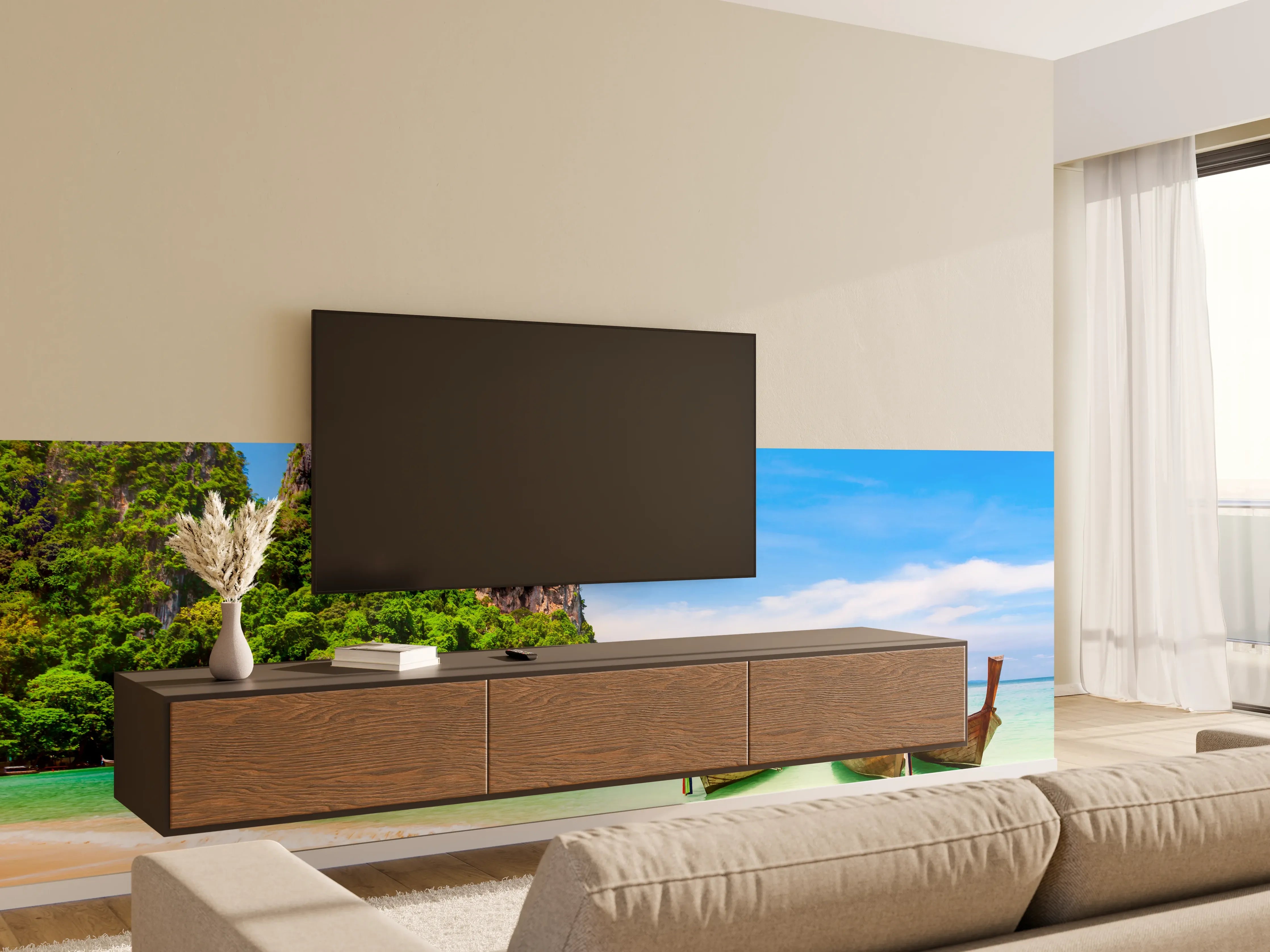 Wandverkleidung Wohnzimmer - Traumhafte Strandkulisse mit traditionellen Booten