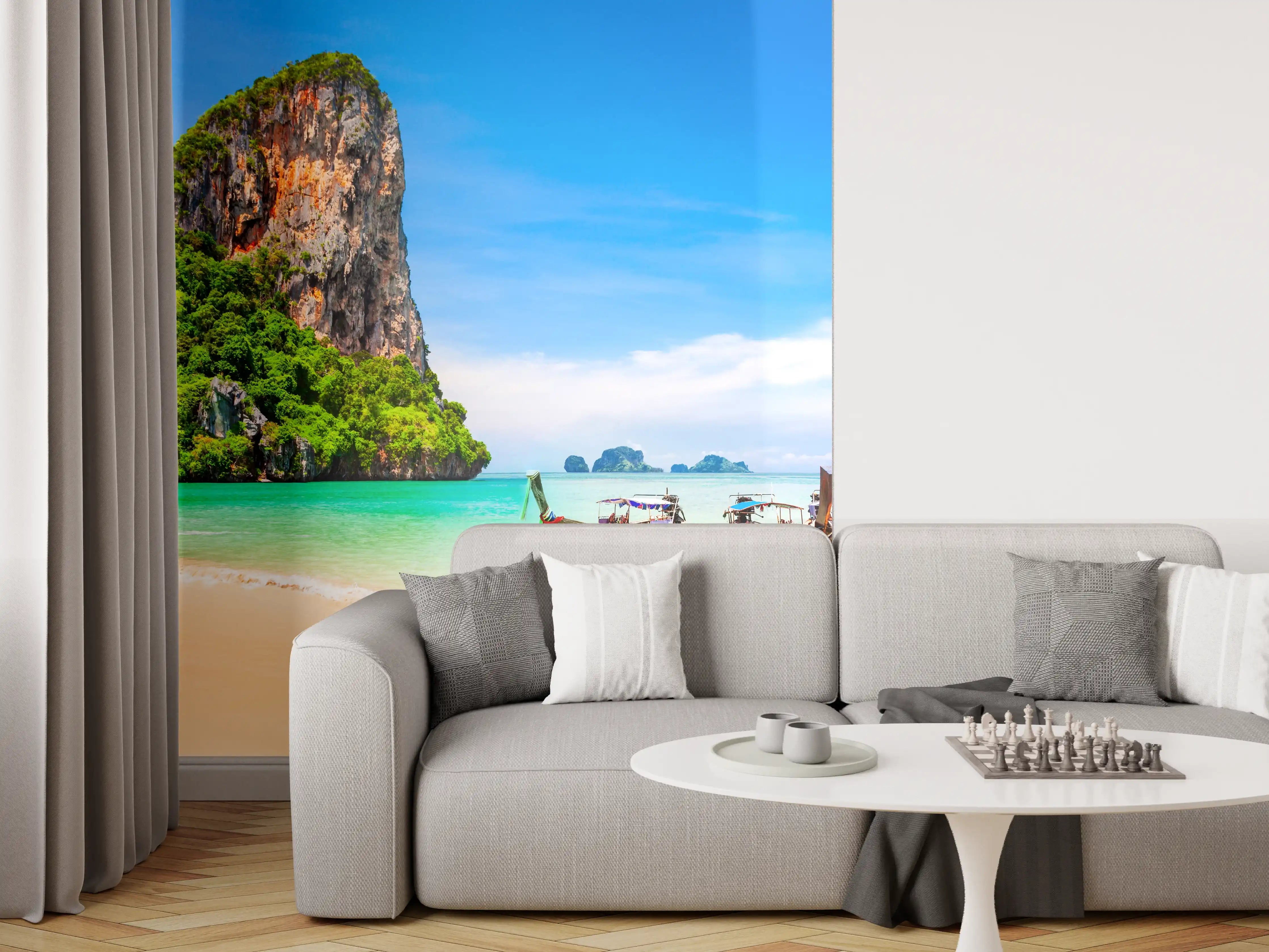 Wandverkleidung Wohnzimmer - Traumhafte Strandkulisse mit traditionellen Booten