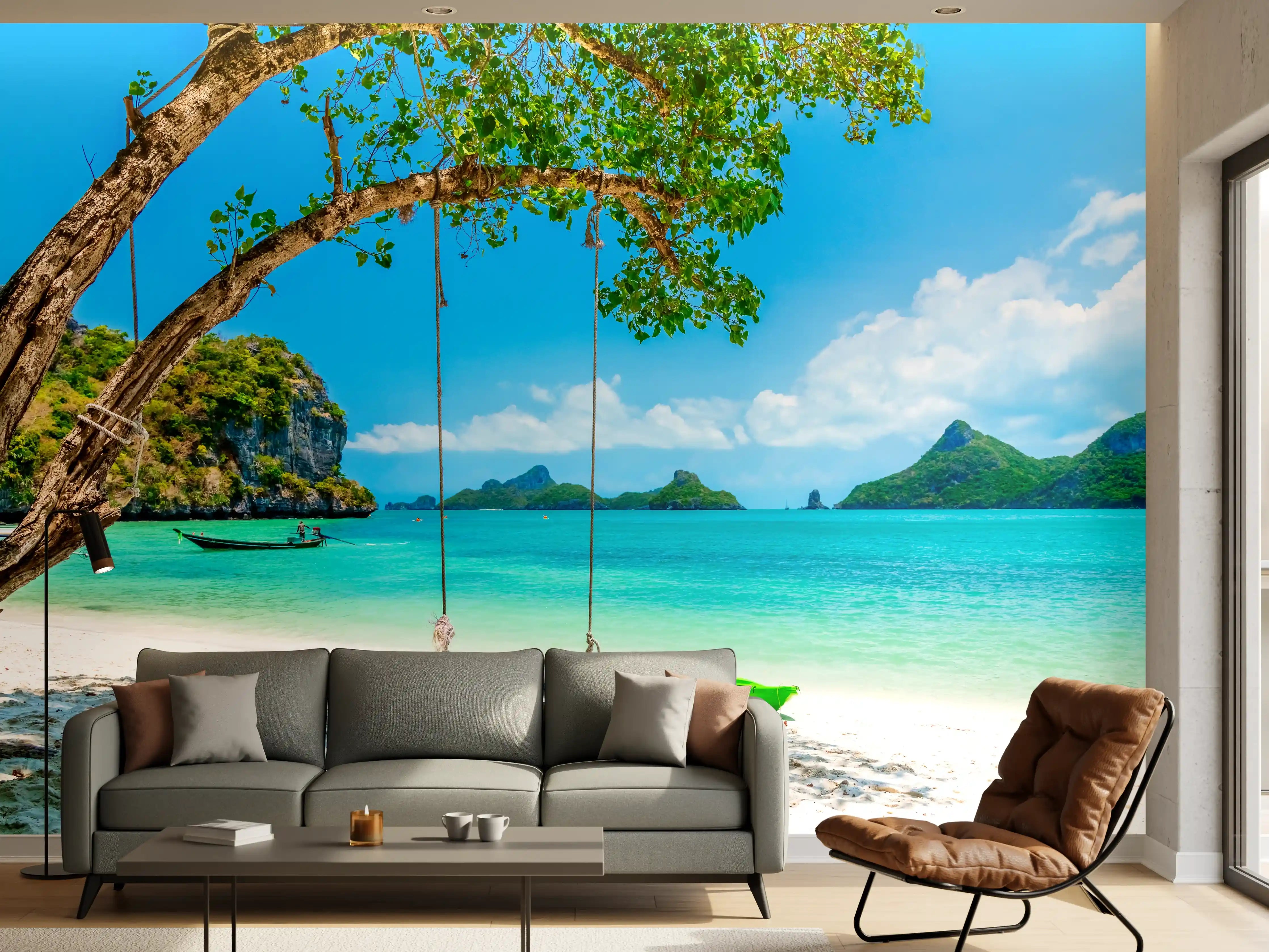 Wandverkleidung Wohnzimmer - Traumhafte Strandlandschaft mit Rutschbahn