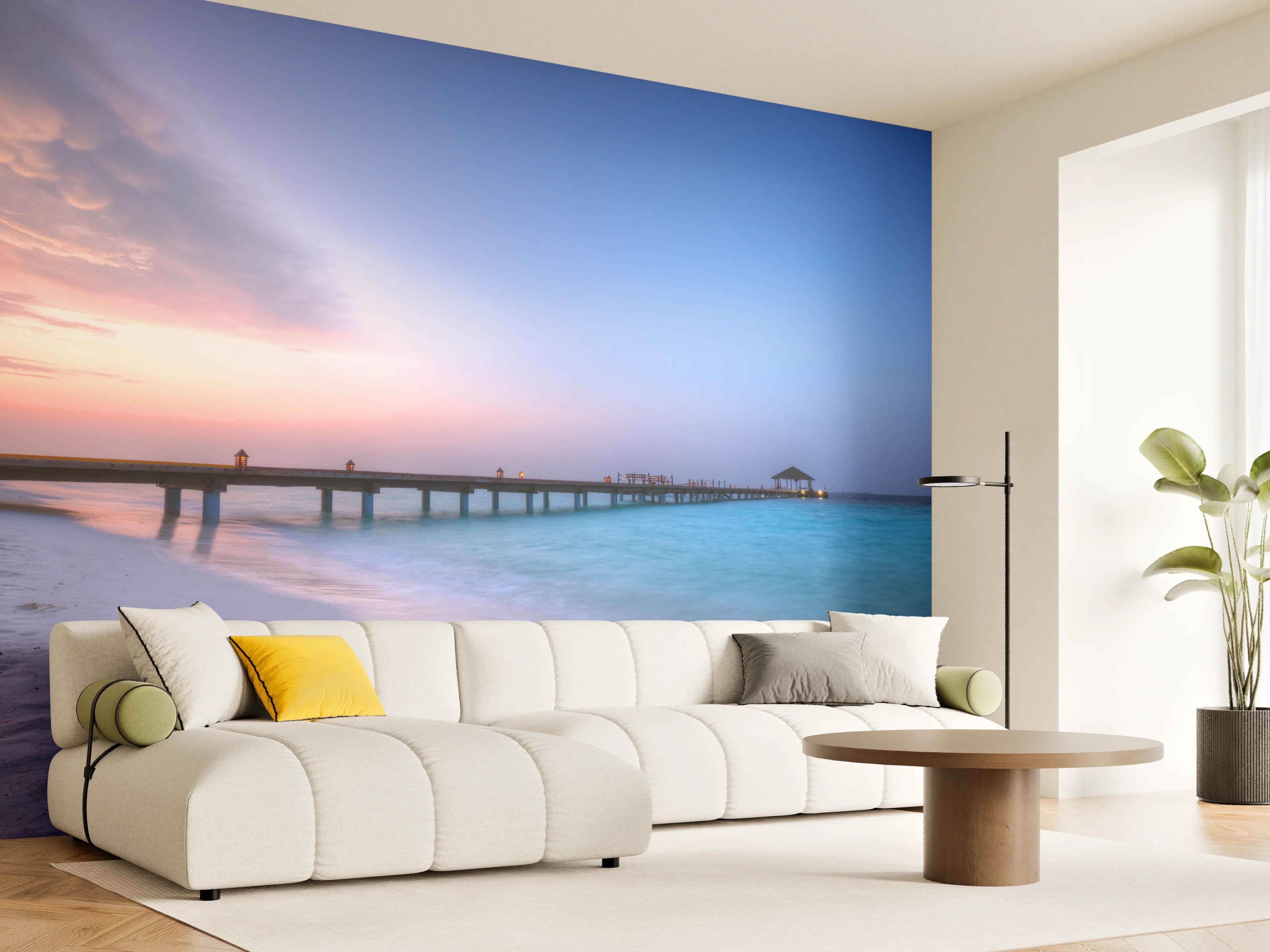 Wandverkleidung Wohnzimmer - Traumhafte Strandpromenade bei Sonnenuntergang