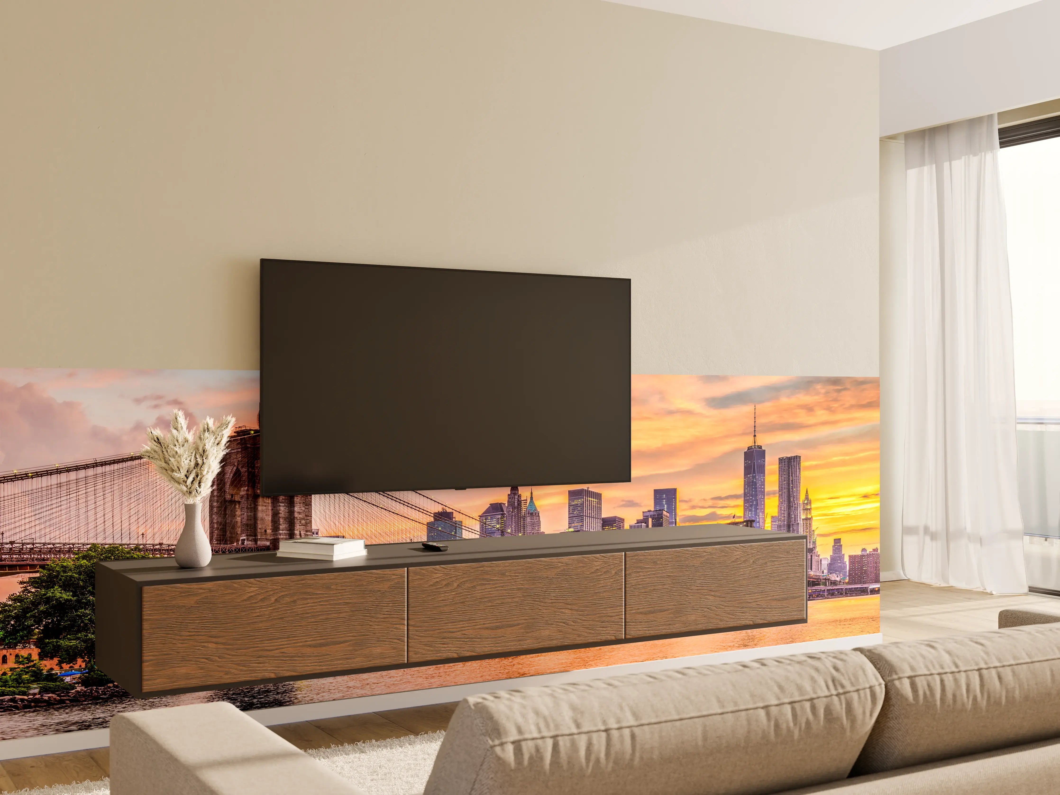 Wandverkleidung Wohnzimmer - Traumhafter Blick auf New York bei Sonnenuntergang
