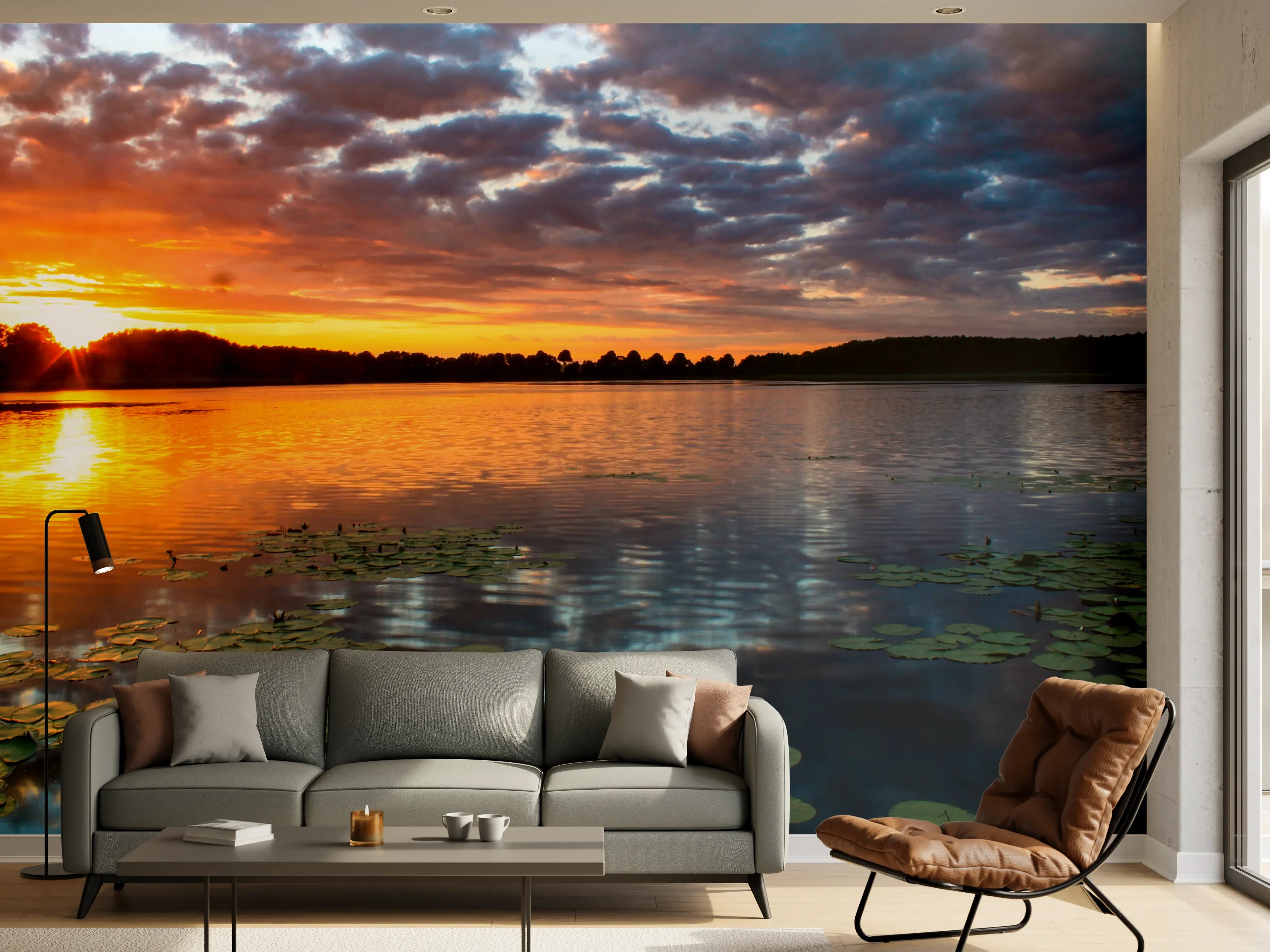Wandverkleidung Wohnzimmer - Traumhafter Sonnenuntergang über dem Wasser