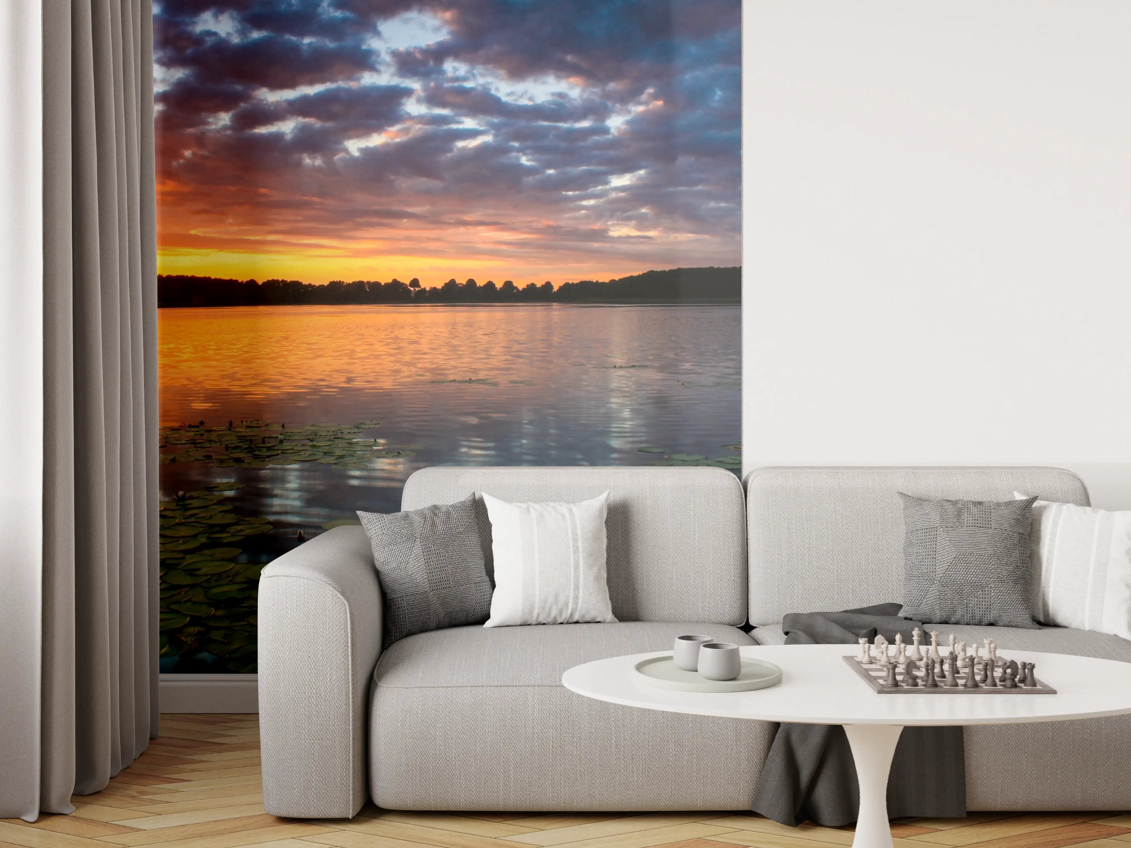 Wandverkleidung Wohnzimmer - Traumhafter Sonnenuntergang über dem Wasser