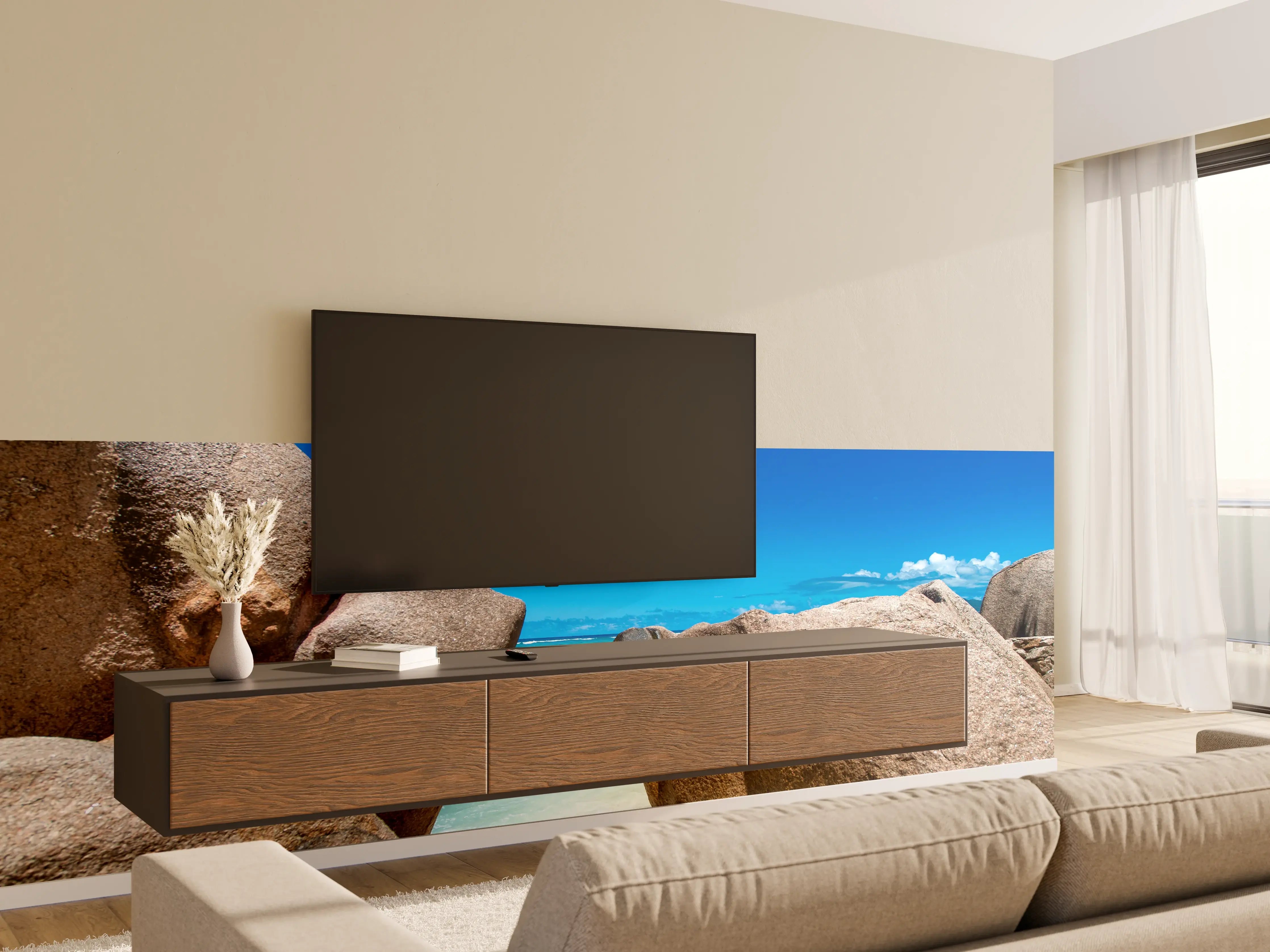 Wandverkleidung Wohnzimmer - Traumhafter Strand mit Felsformationen und klarer See