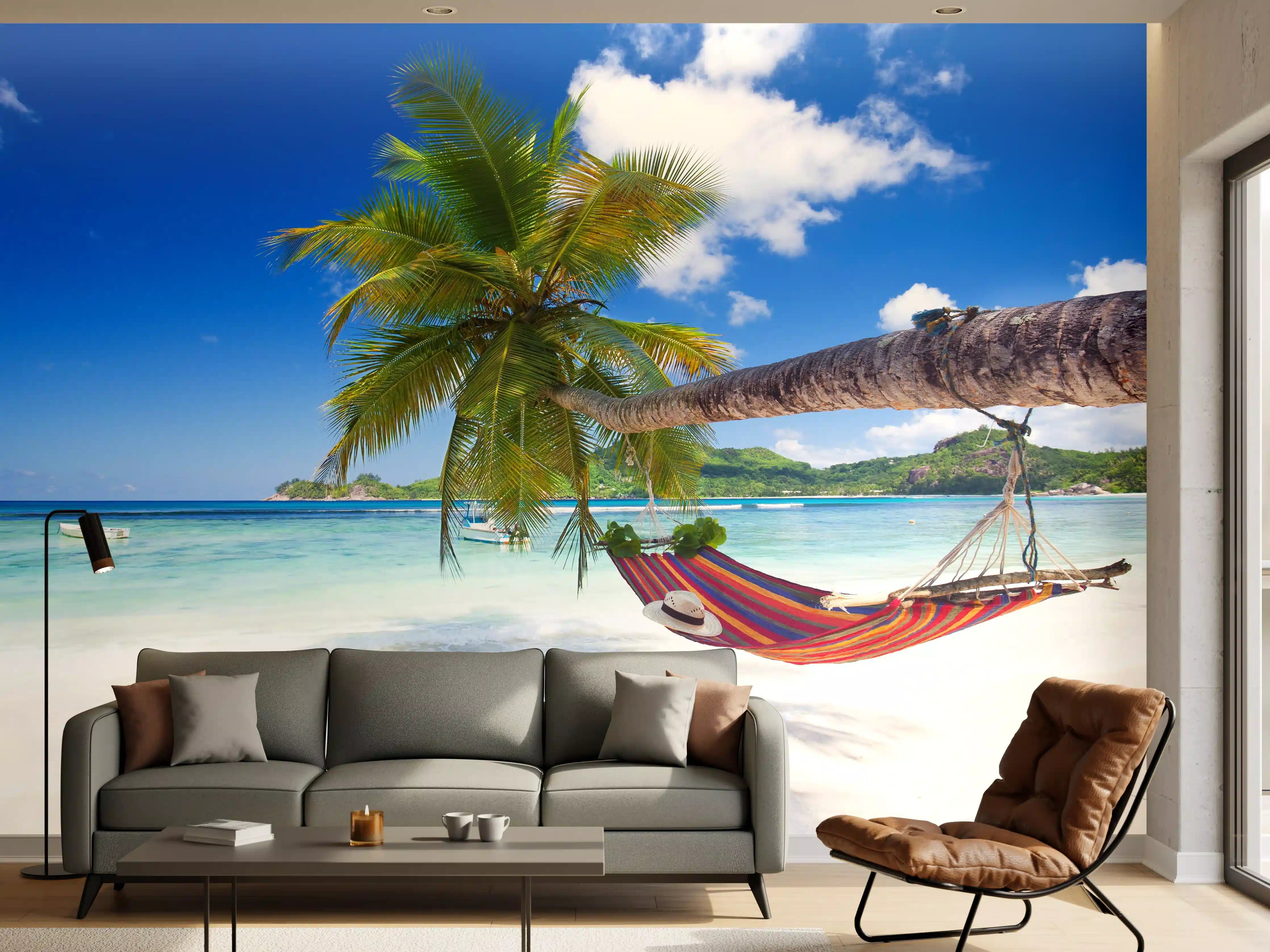 Wandverkleidung Wohnzimmer - Traumhafter Strand mit Hängematte und Palmen