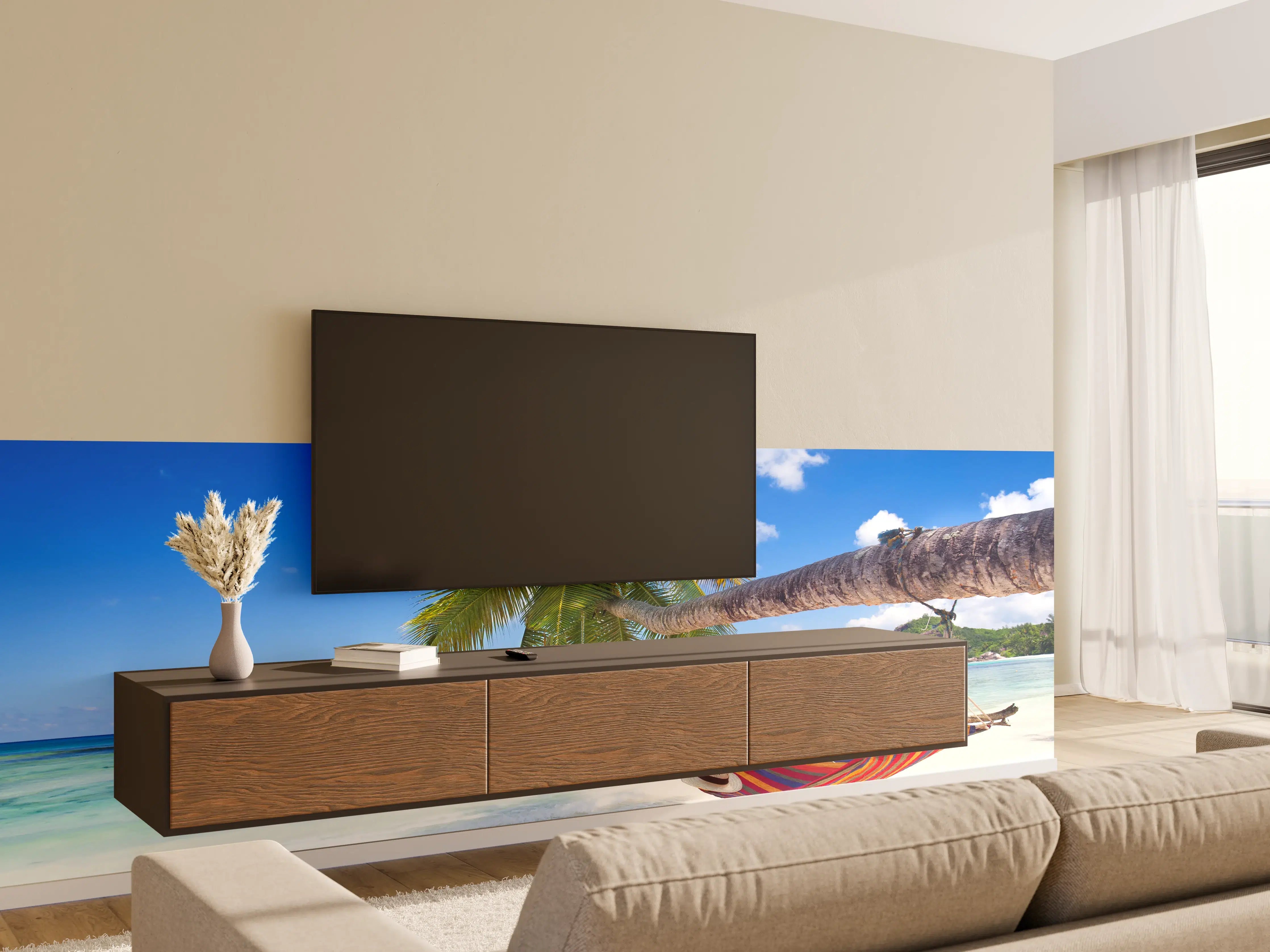 Wandverkleidung Wohnzimmer - Traumhafter Strand mit Hängematte und Palmen