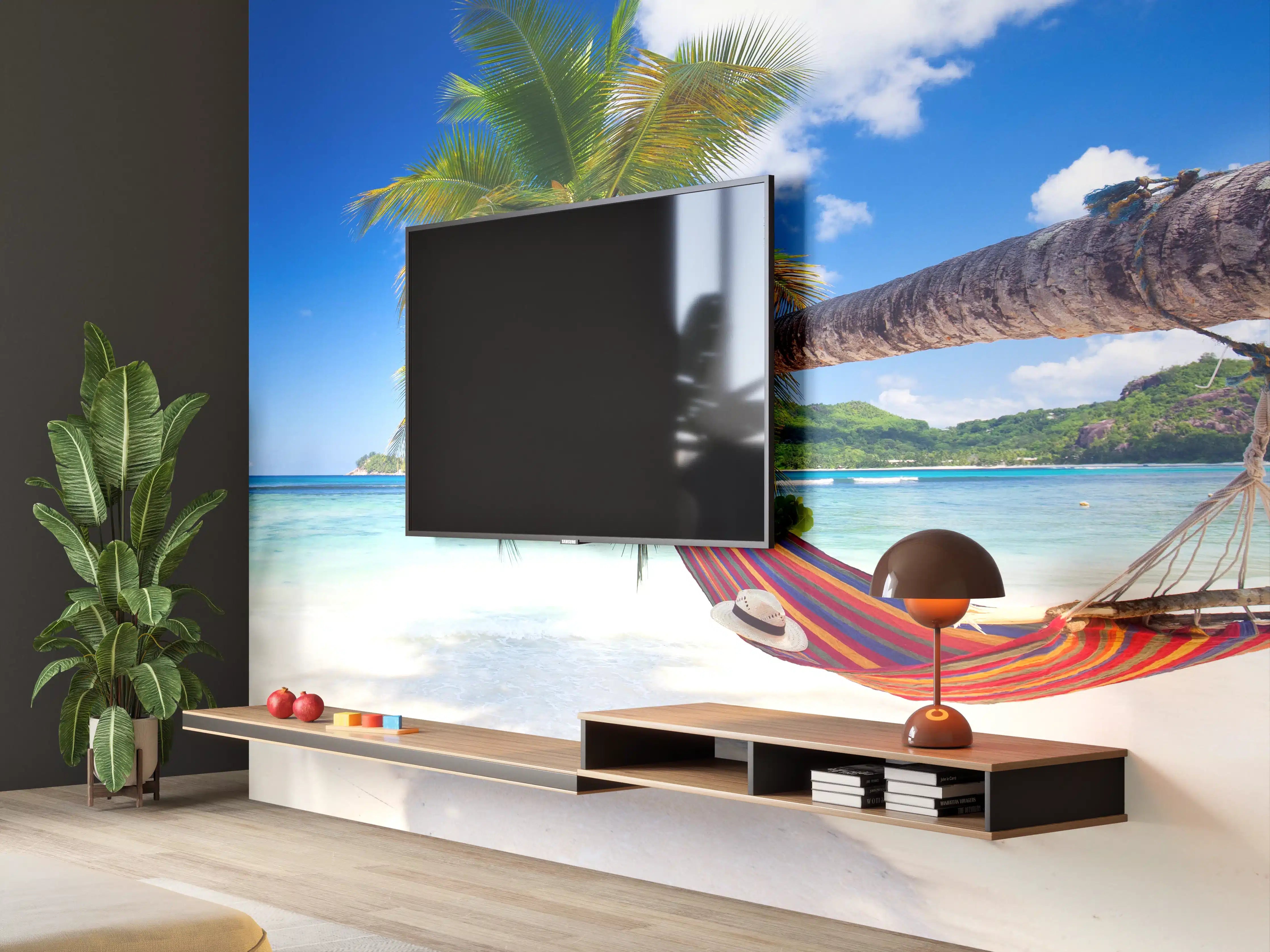 Wandverkleidung Wohnzimmer - Traumhafter Strand mit Hängematte und Palmen