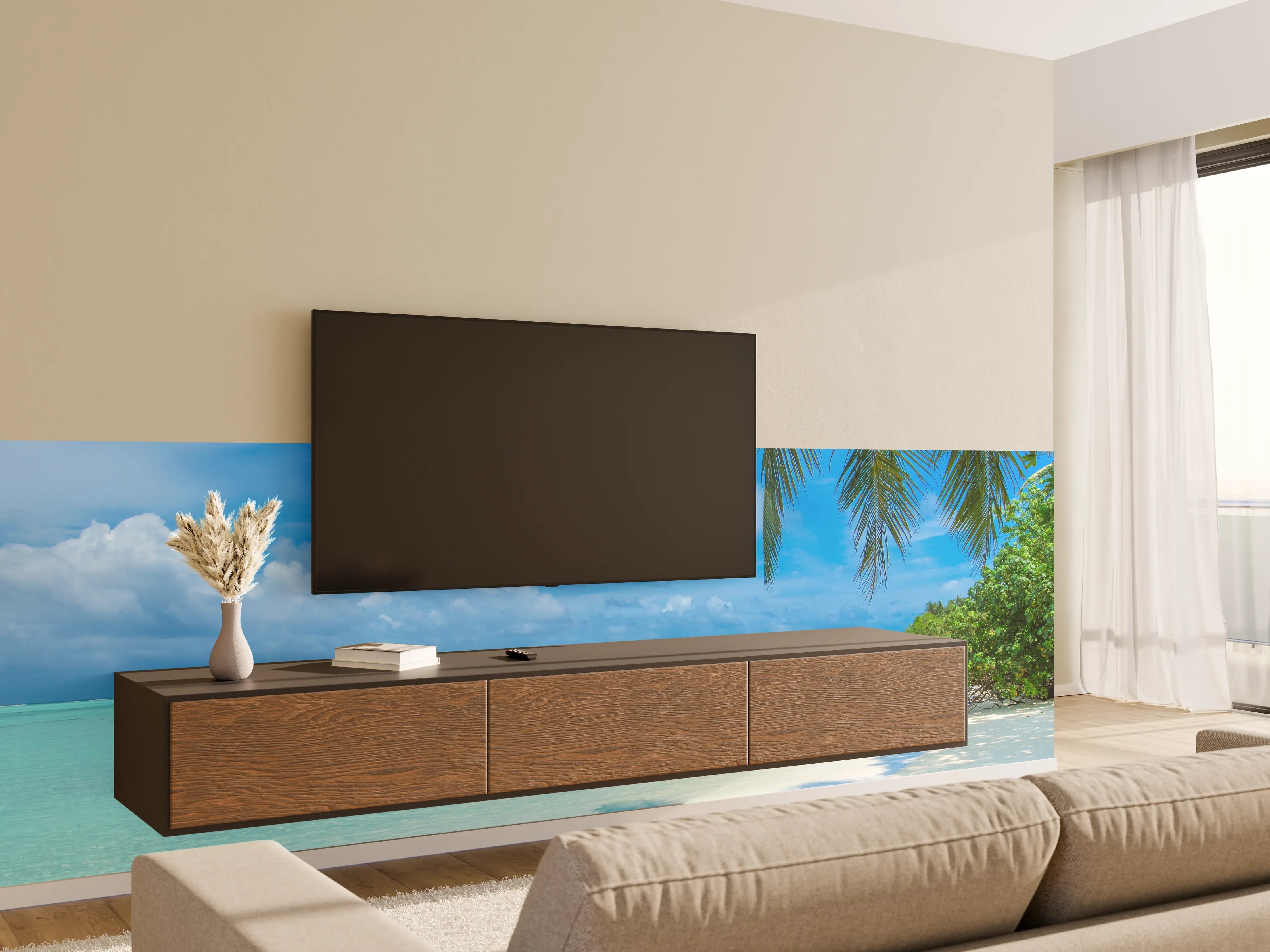 Wandverkleidung Wohnzimmer - Traumstrand mit Palmen und klarem Wasser