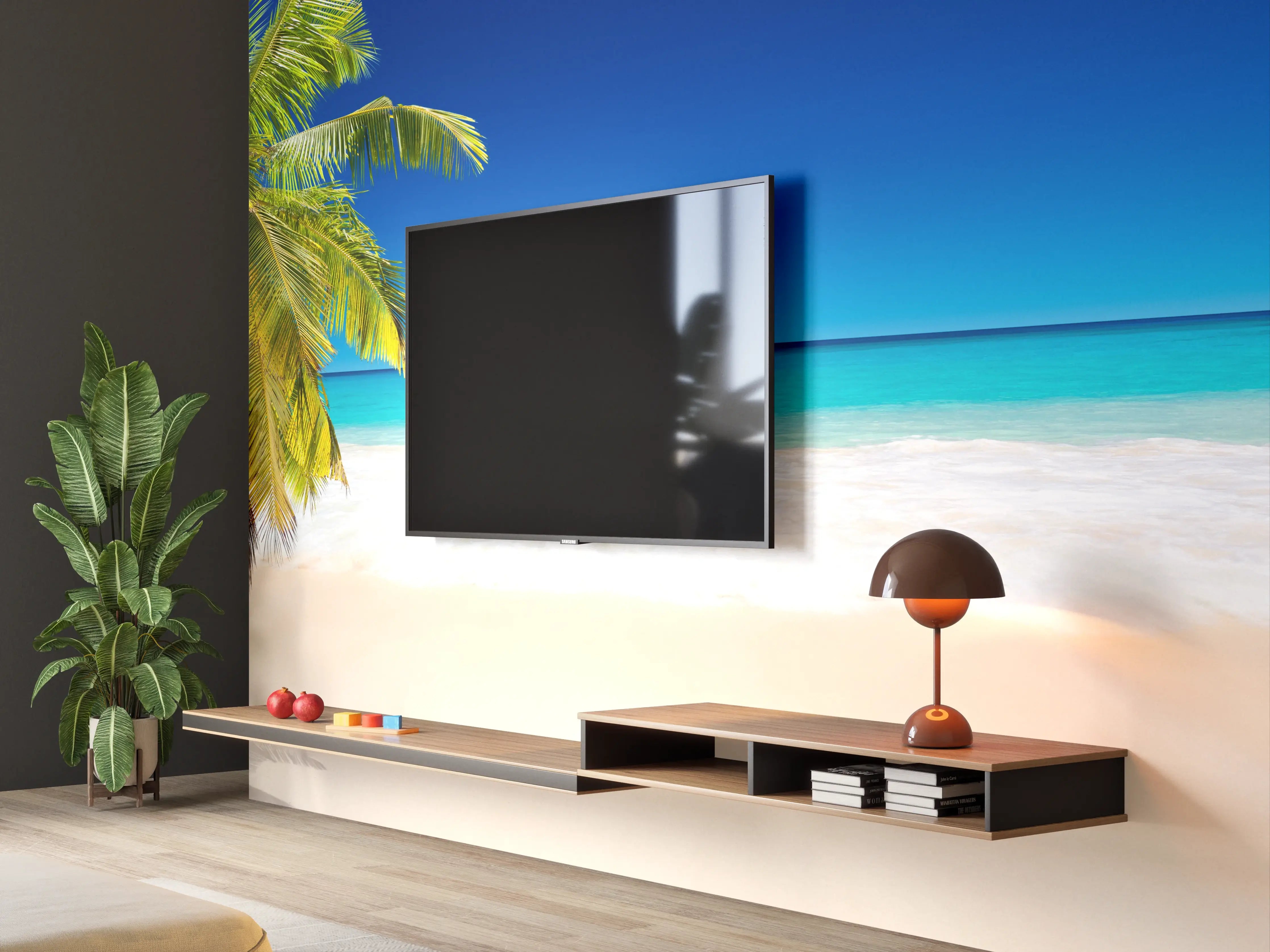 Wandverkleidung Wohnzimmer - Traumstrand mit Palmen unter blauem Himmel