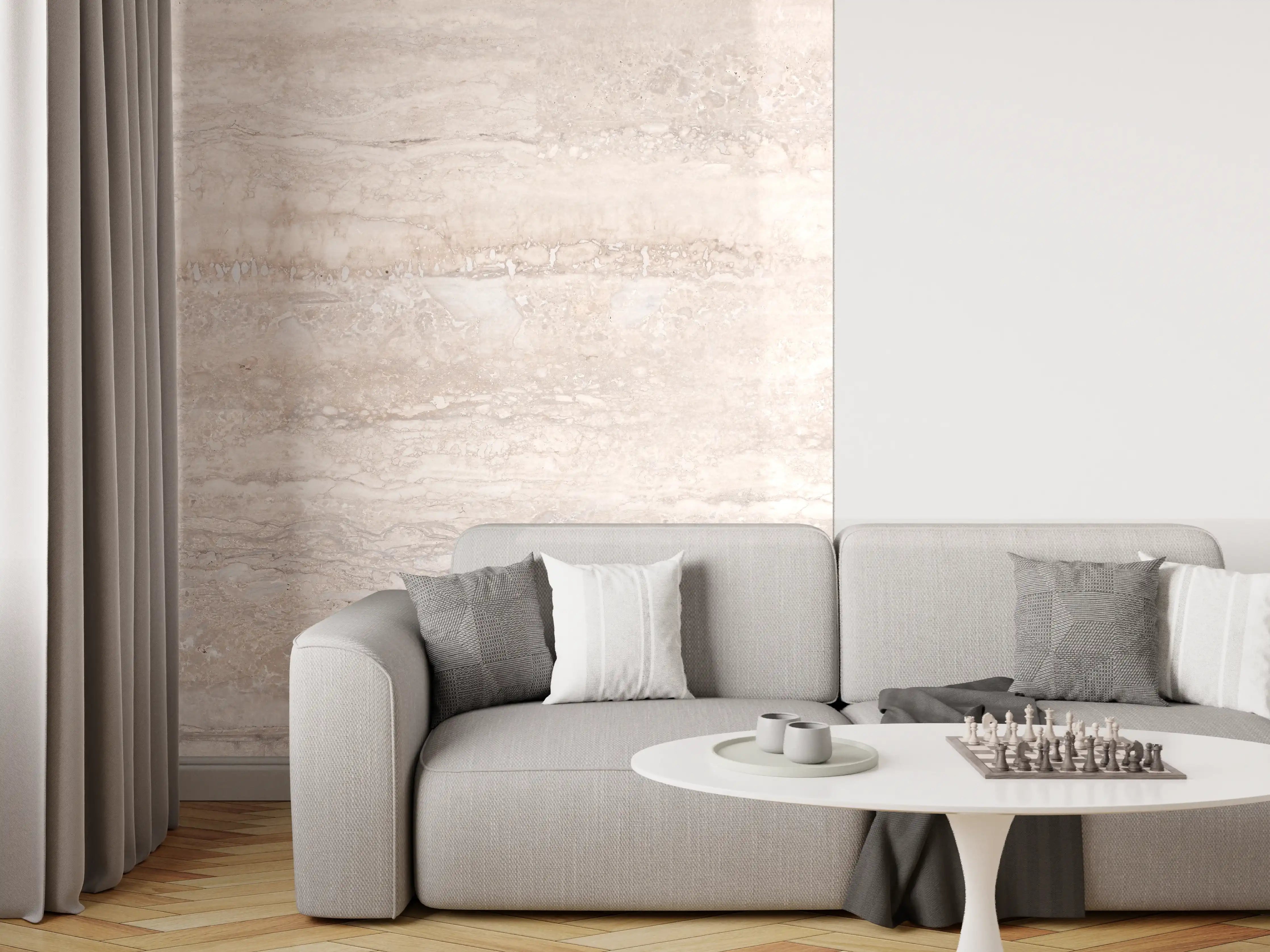 Wandverkleidung Wohnzimmer - Travertinmarmor in hellen Brauntönen